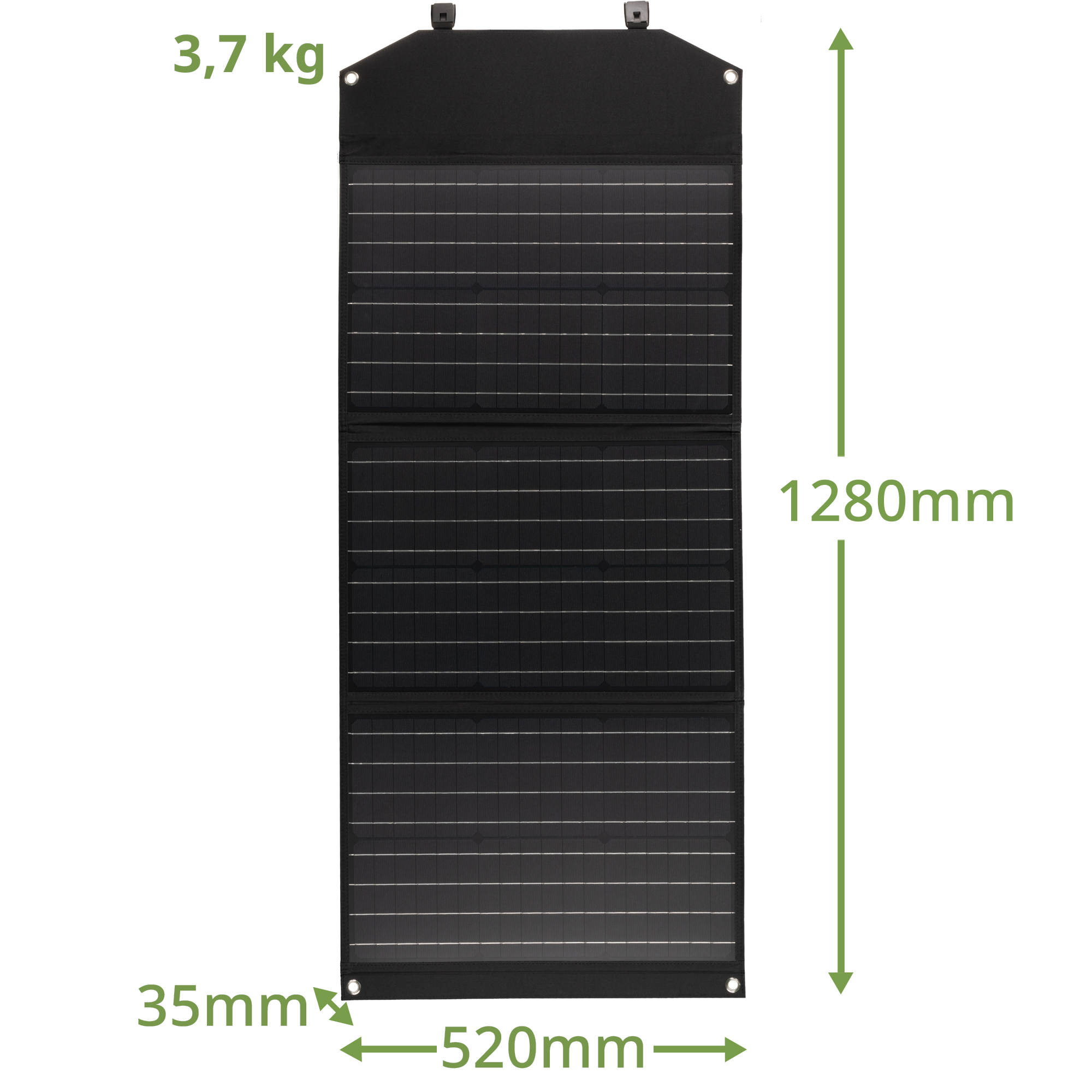 Ein schwarzes, faltbares Solarpanel mit Gewicht und Abmessungen in Grün beschriftet.