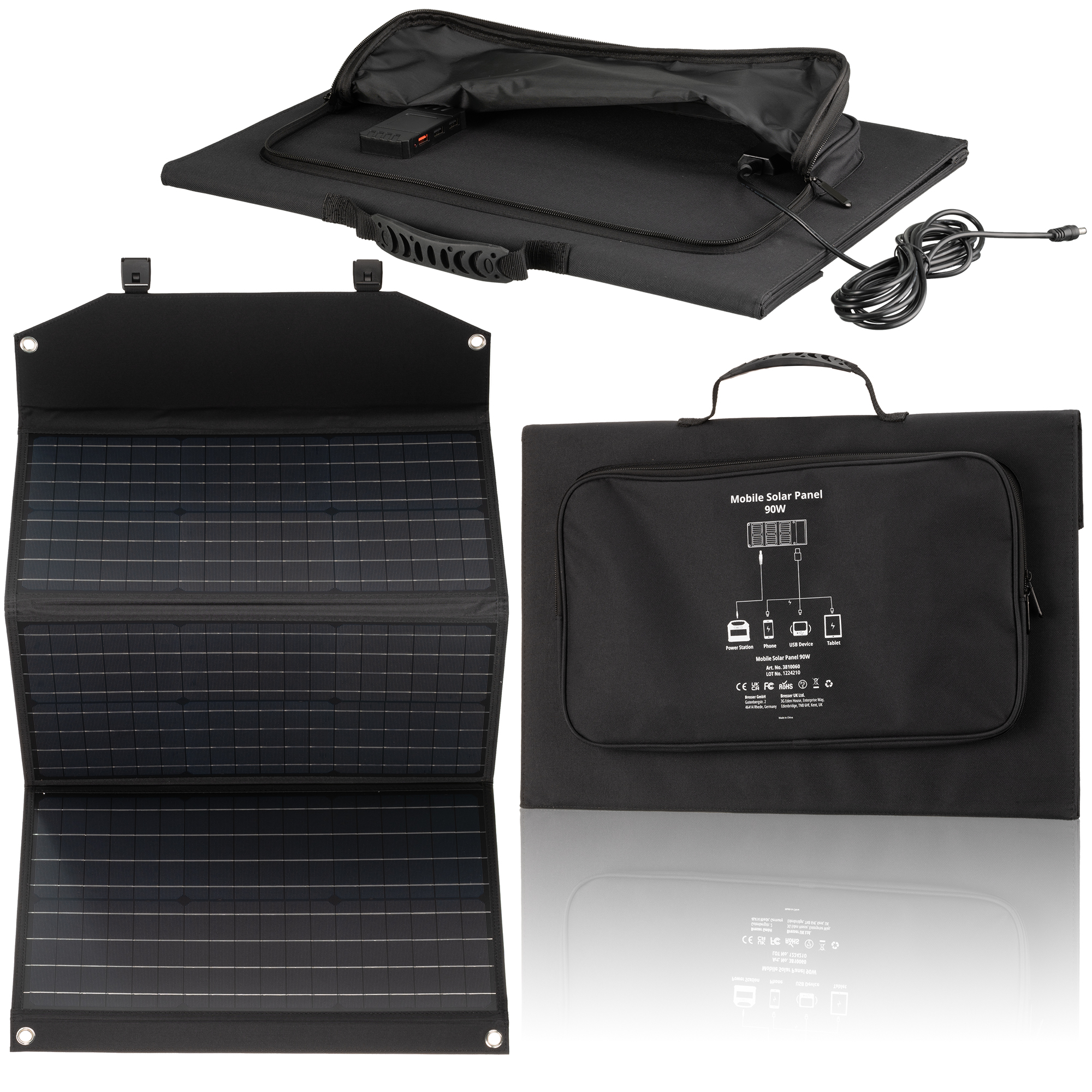 Faltbares schwarzes Solarpanel-Kit mit Aufbewahrungstasche und mehreren Solarpanel-Abschnitten.