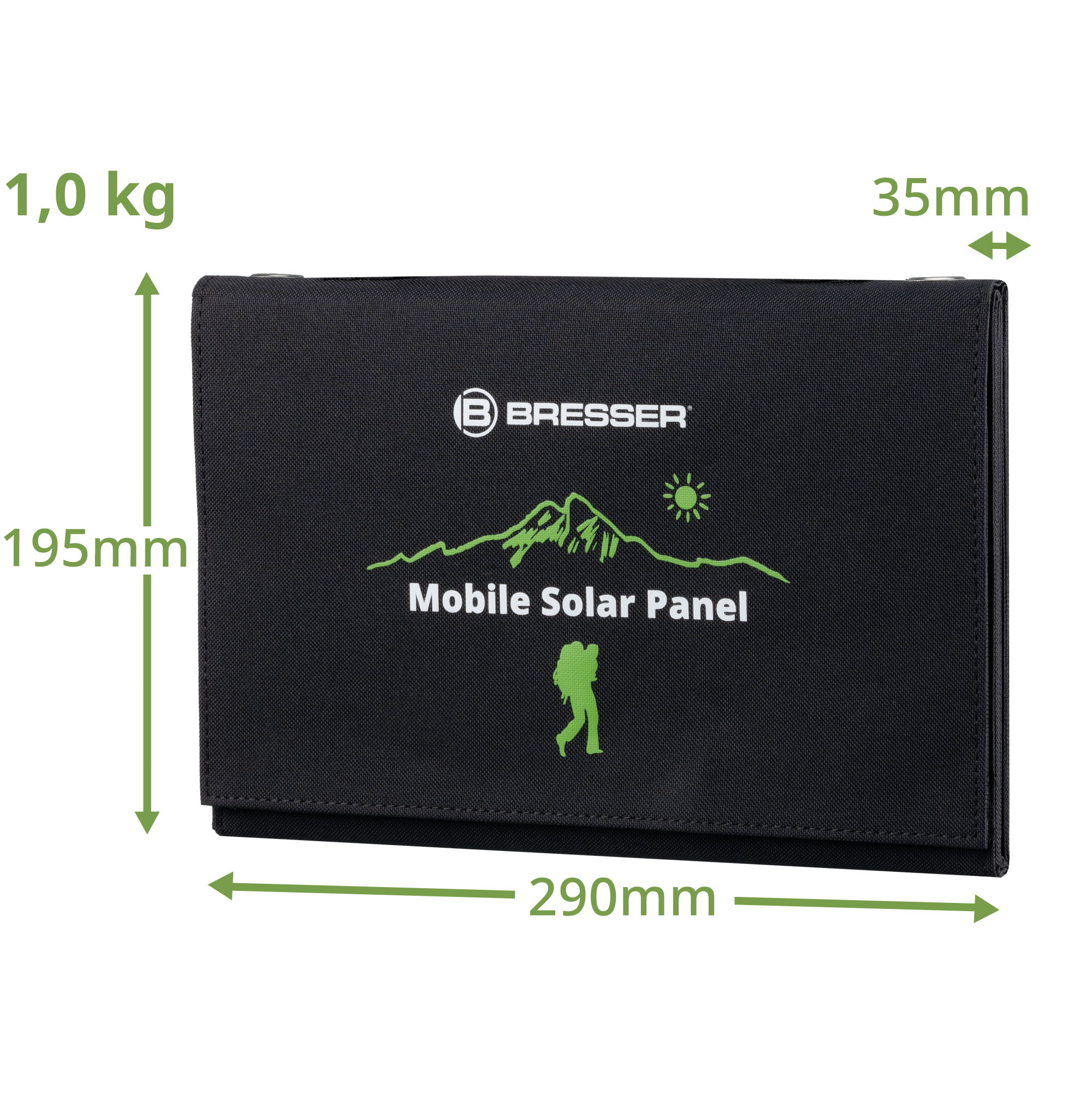 Ein schwarzes Solarpanel mit Abmessungen und dem Logo 'BRESSER' und dem Text 'Mobile Solar Panel'.