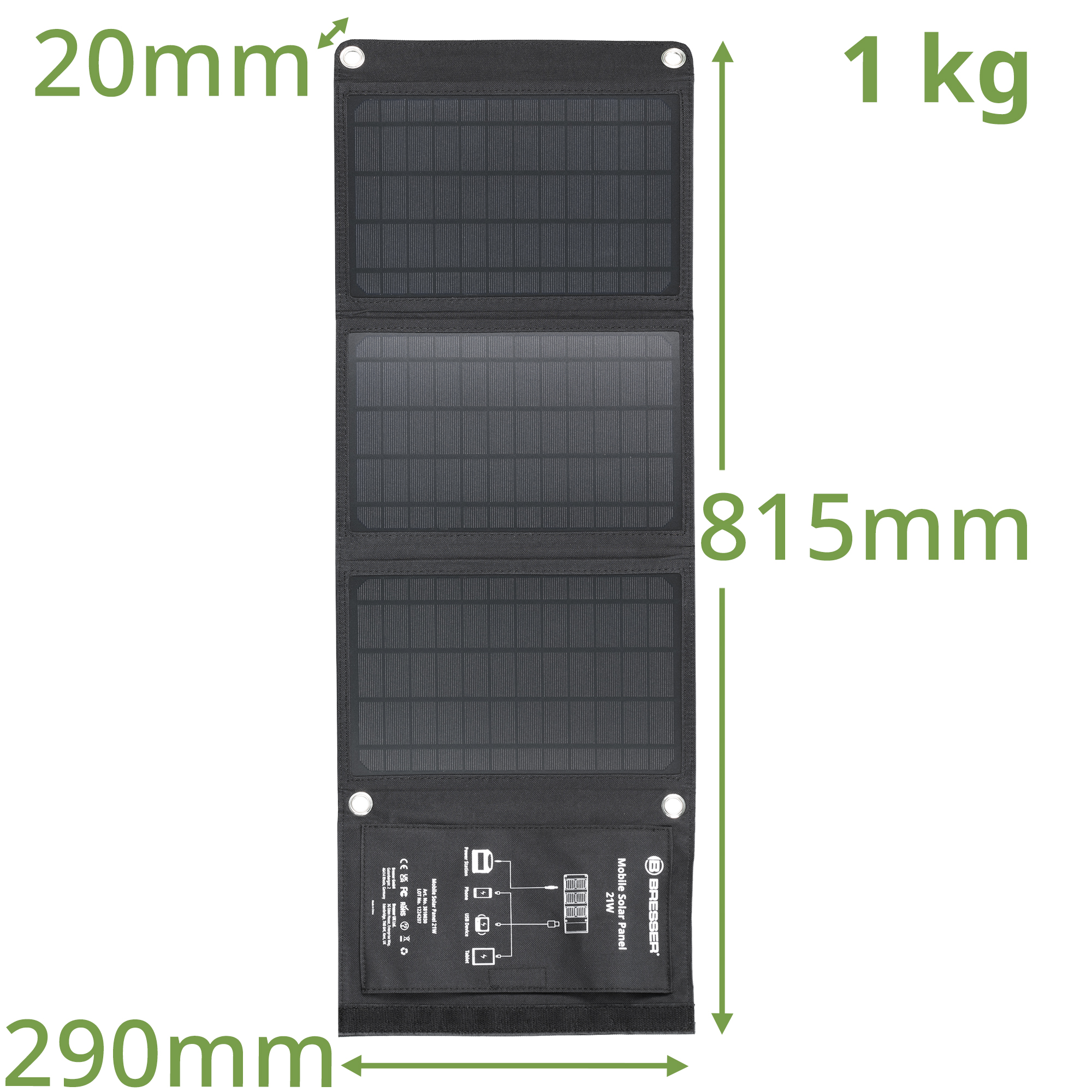 Faltbares Solarpanel, schwarz, offen. Abmessungen: 290mm x 815mm, 20mm dick, wiegt 1 kg.