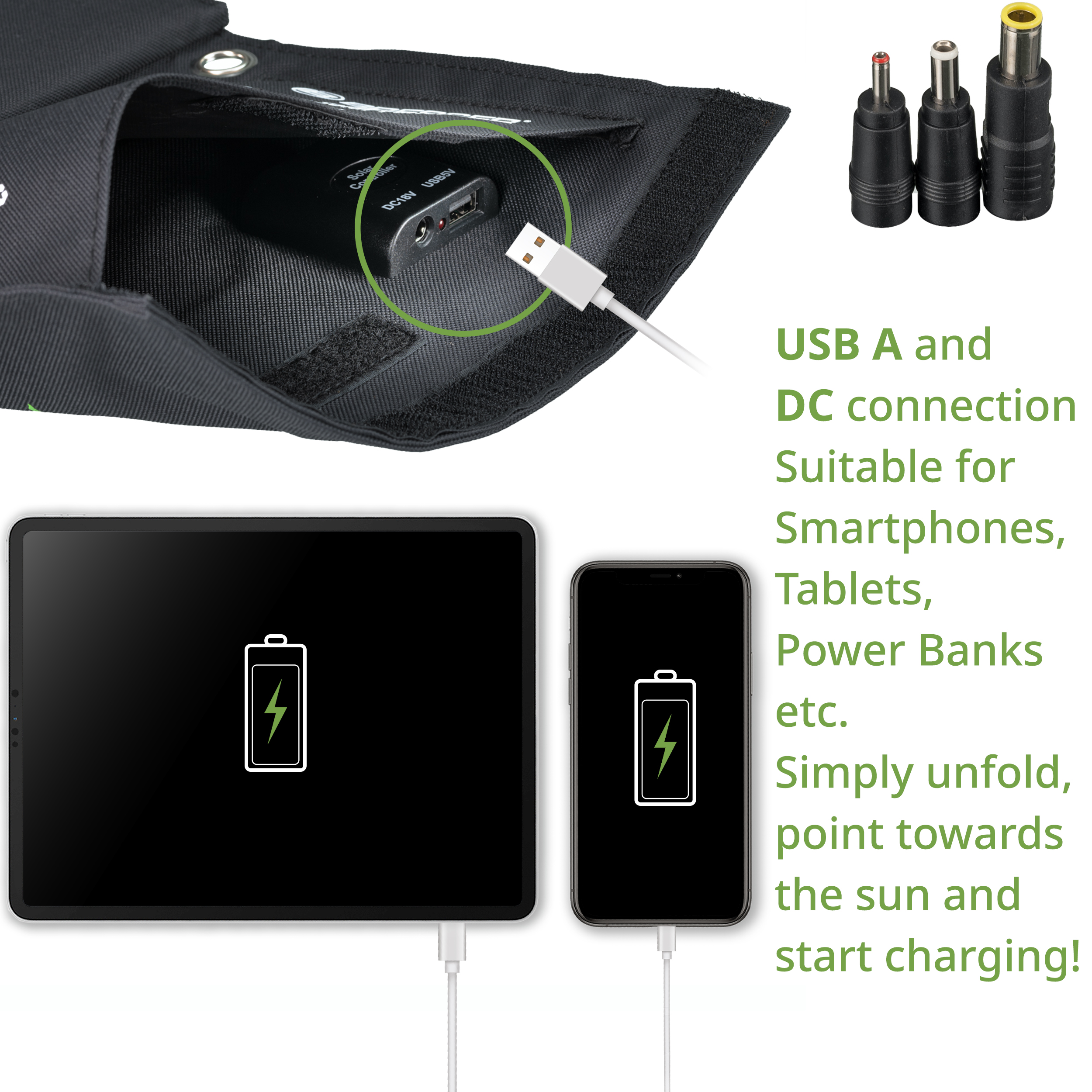 Ein Solar-Ladegerät mit Tablet und Telefon, das geladen wird. Es hat USB- und DC-Ein- und Ausgänge. Text.