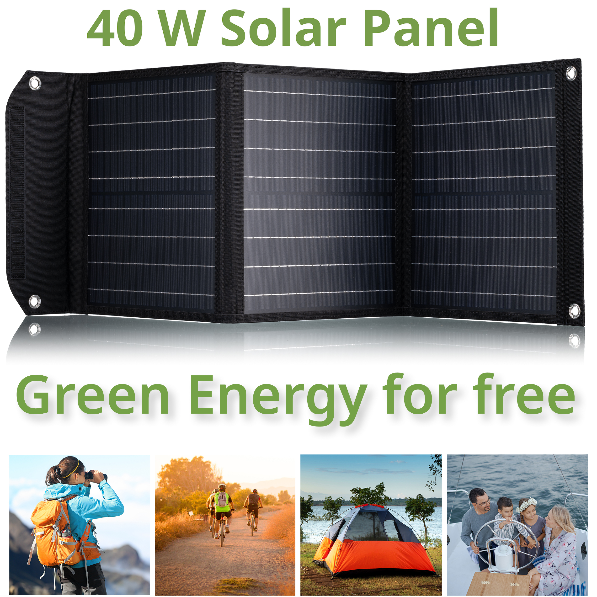 Ein faltbares Solarpanel. Es hat Text mit 40W und Green Energy. Darunter 4 Bilder.