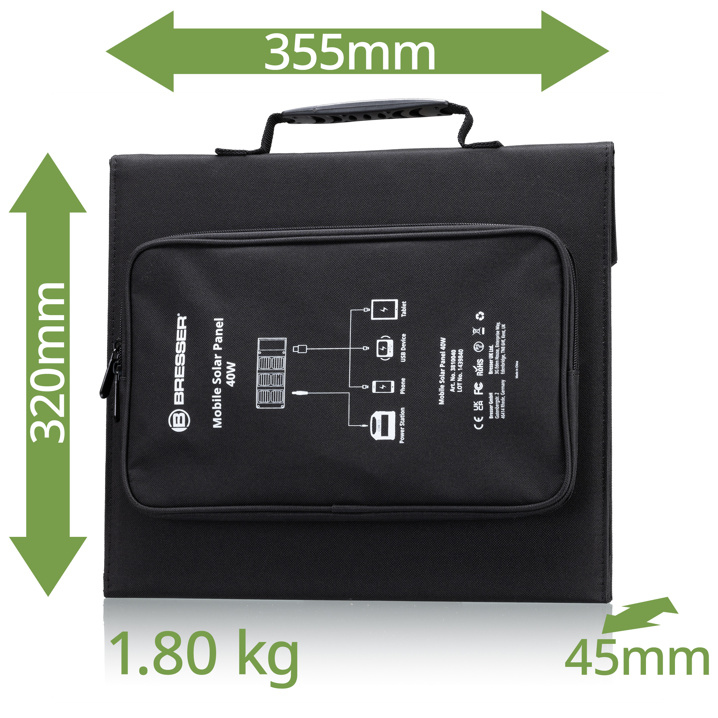 Schwarzes Solarpanel mit schwarzem Beutel, Abmessungen und Gewicht mit Pfeilen angegeben.