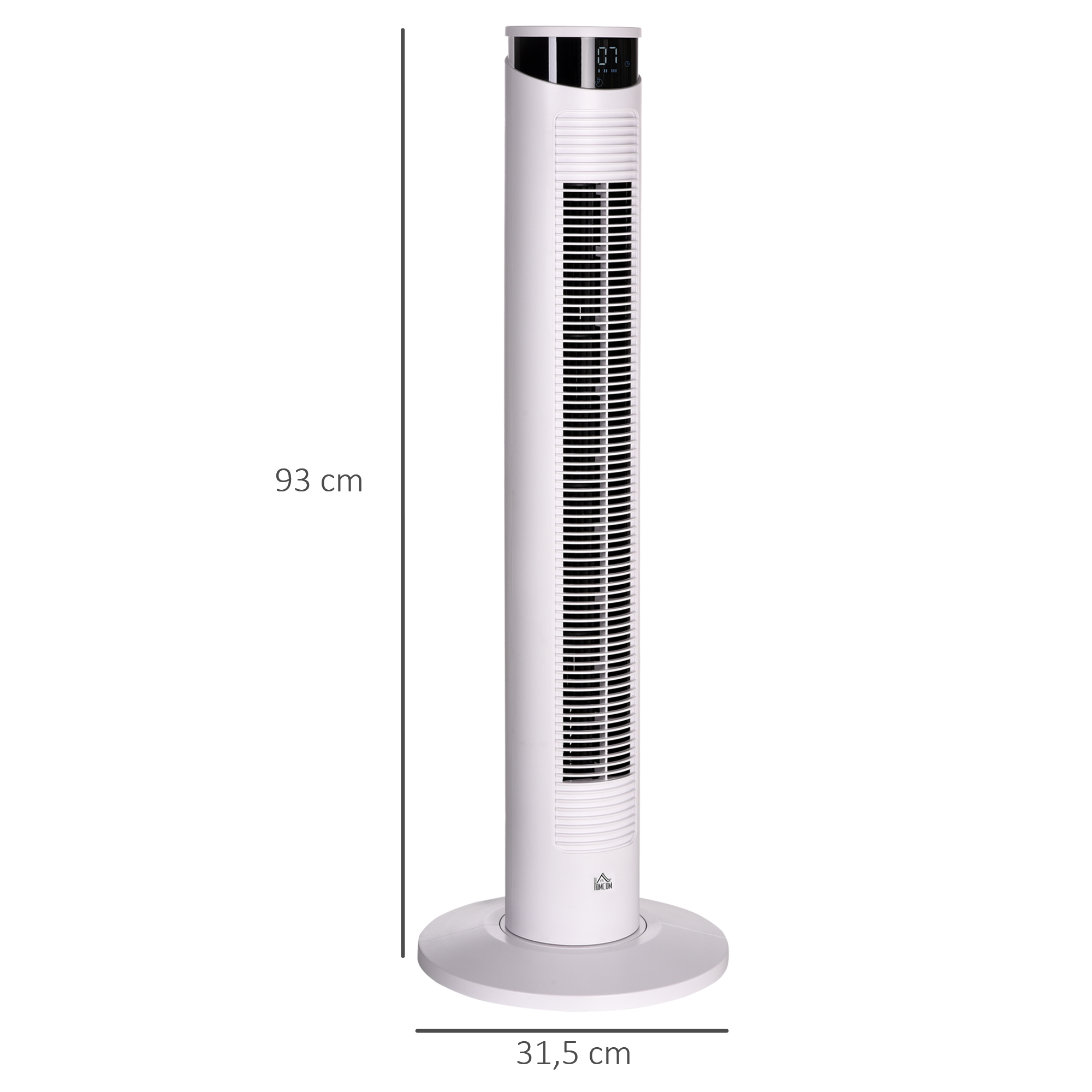 Ventilador de torre blanco con pantalla digital y etiquetas de medidas.