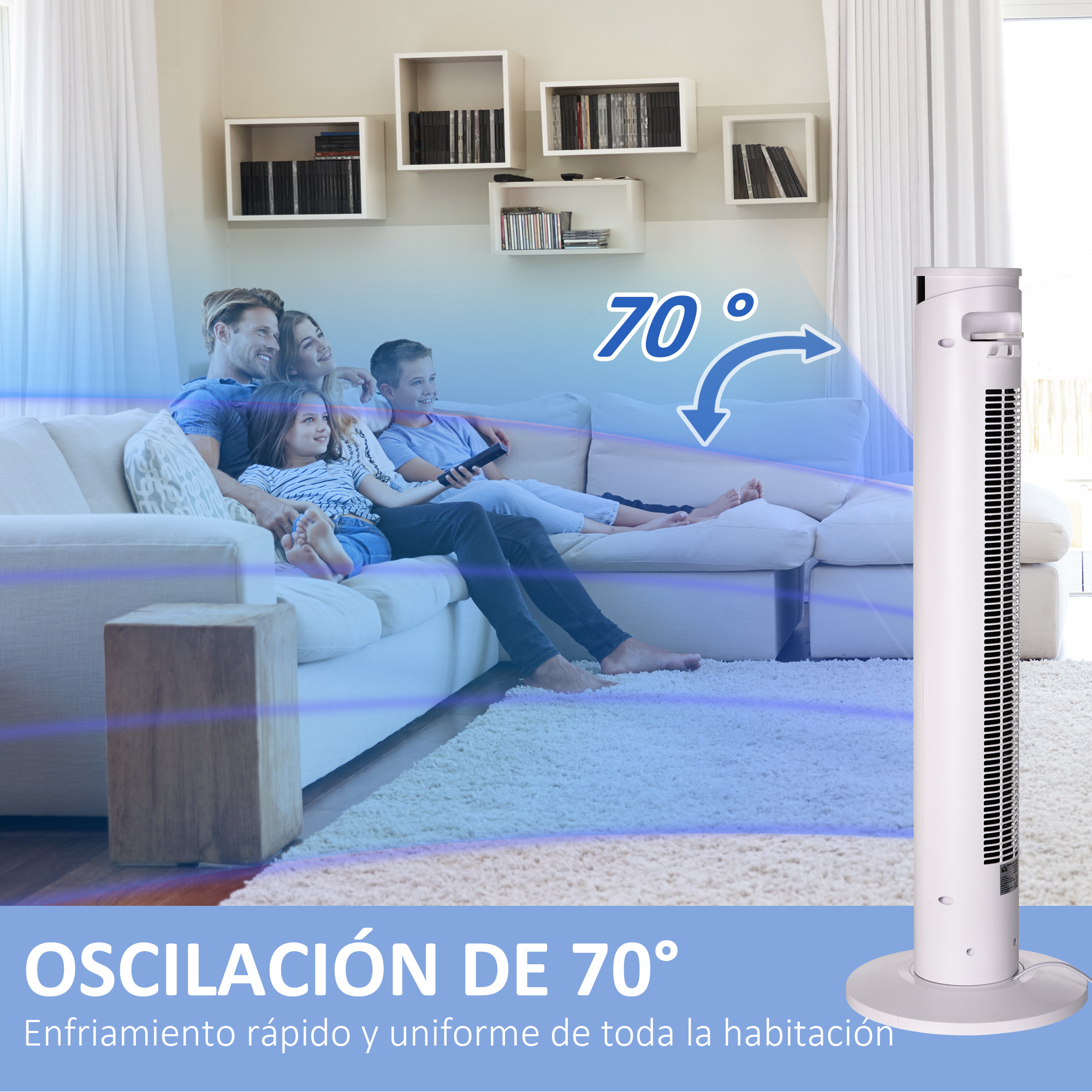 Una familia sentada en un sofá frente a un ventilador blanco, con oscilación de 70 grados.
