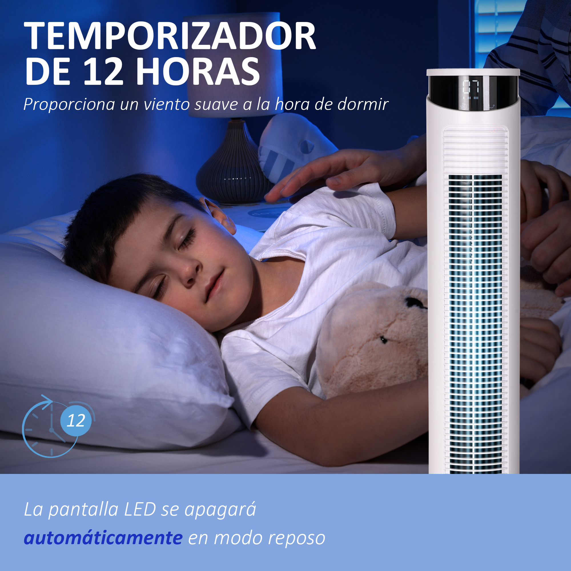 Un niño durmiendo en la cama con un ventilador de torre al fondo. Texto en español.