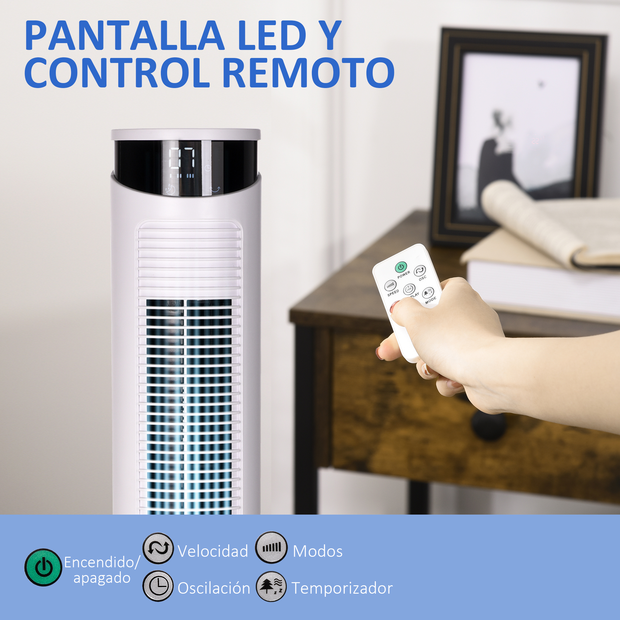 Ventilador de torre blanco con pantalla LED. Mano sosteniendo control remoto. Textos de funciones.