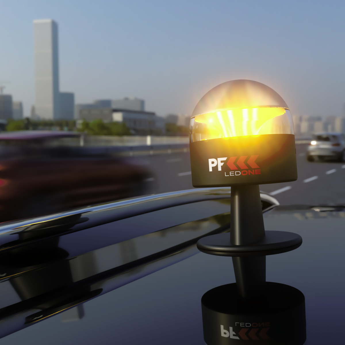 Un faro LED negro y amarillo en el techo de un coche, con un fondo de ciudad y coches borrosos.