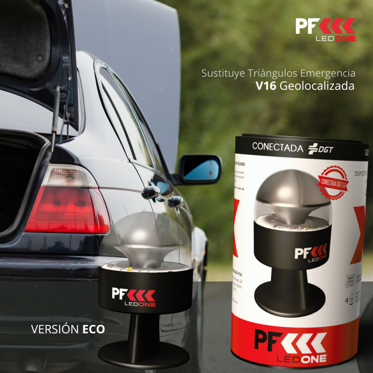 Dispositivo de seguridad vial de emergencia junto a un coche. Texto en español con logo DGT.