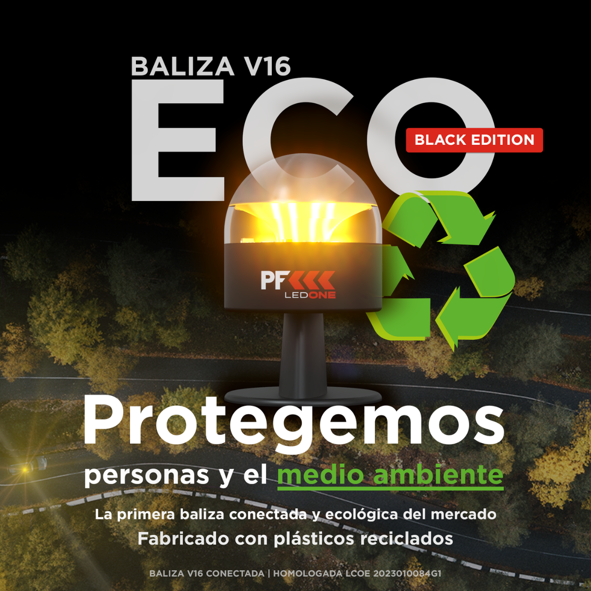 Luz de advertencia negra y amarilla con símbolo reciclaje, texto sobre proteger personas y medio ambiente.