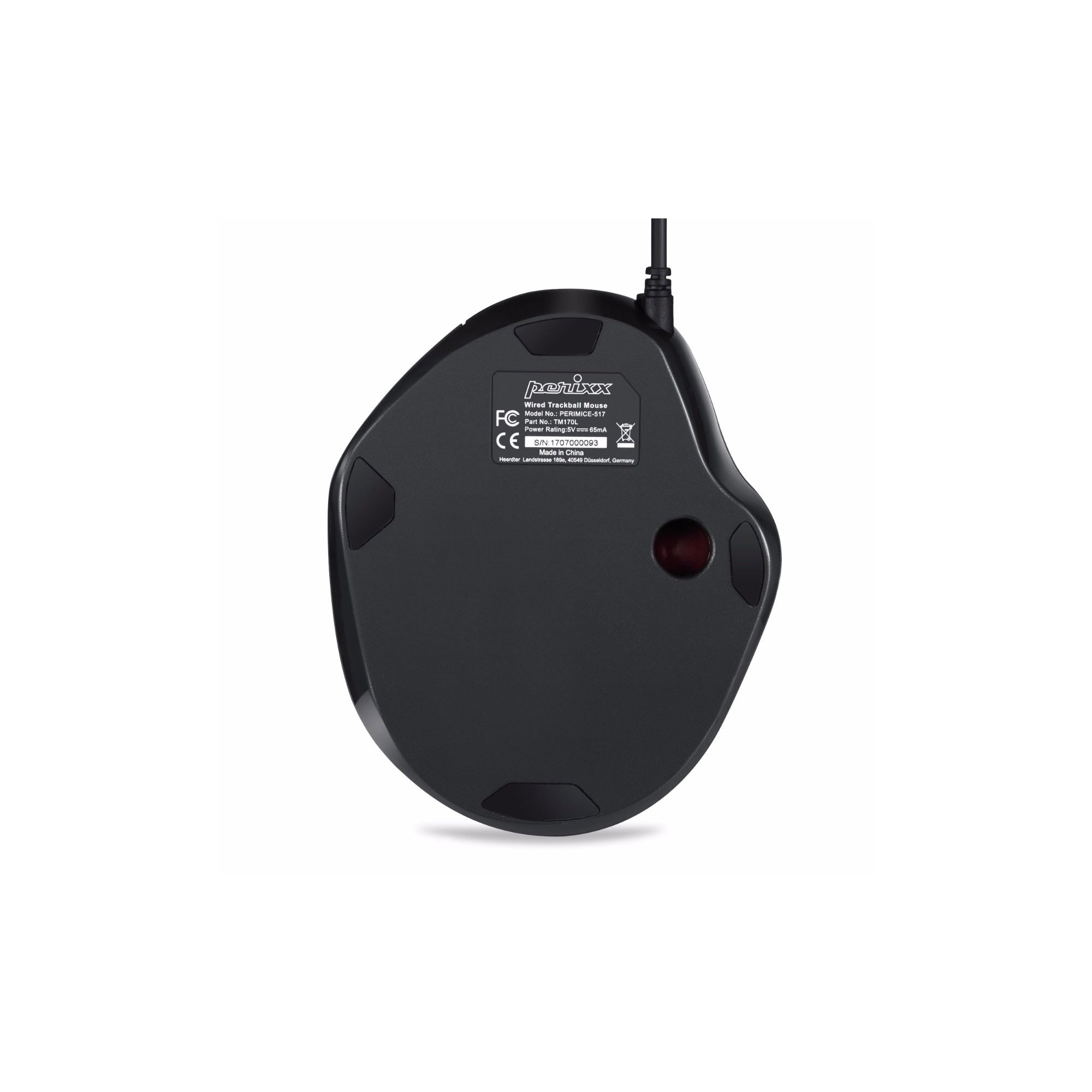 Schwarze Trackball-Maus. Rückansicht mit roter Kugel und drei Füßen.