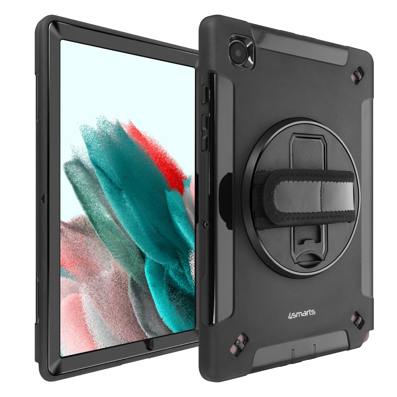 Schwarzes Tablet in einer schwarzen Hülle mit Handschlaufe. Das Tablet befindet sich in einer Schutzhülle.