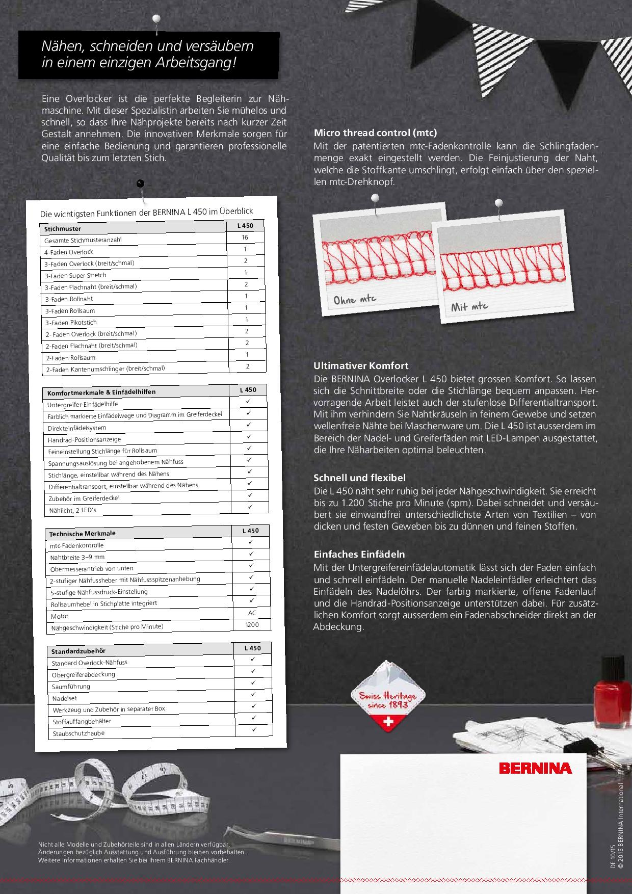Nähmaschinenmerkmale sind auf weißem Papier abgebildet, mit rotem Nagellack und einem Maßband.