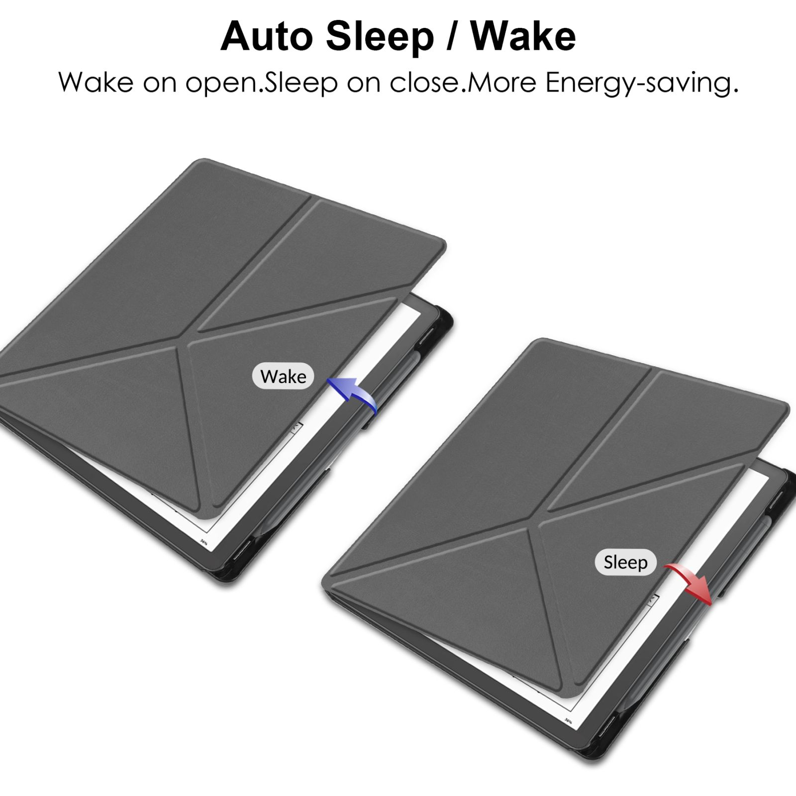 Zwei Tablethüllen, offen und geschlossen. Pfeile zeigen Öffnen/Schließen, Text: Auto Sleep/Wake.