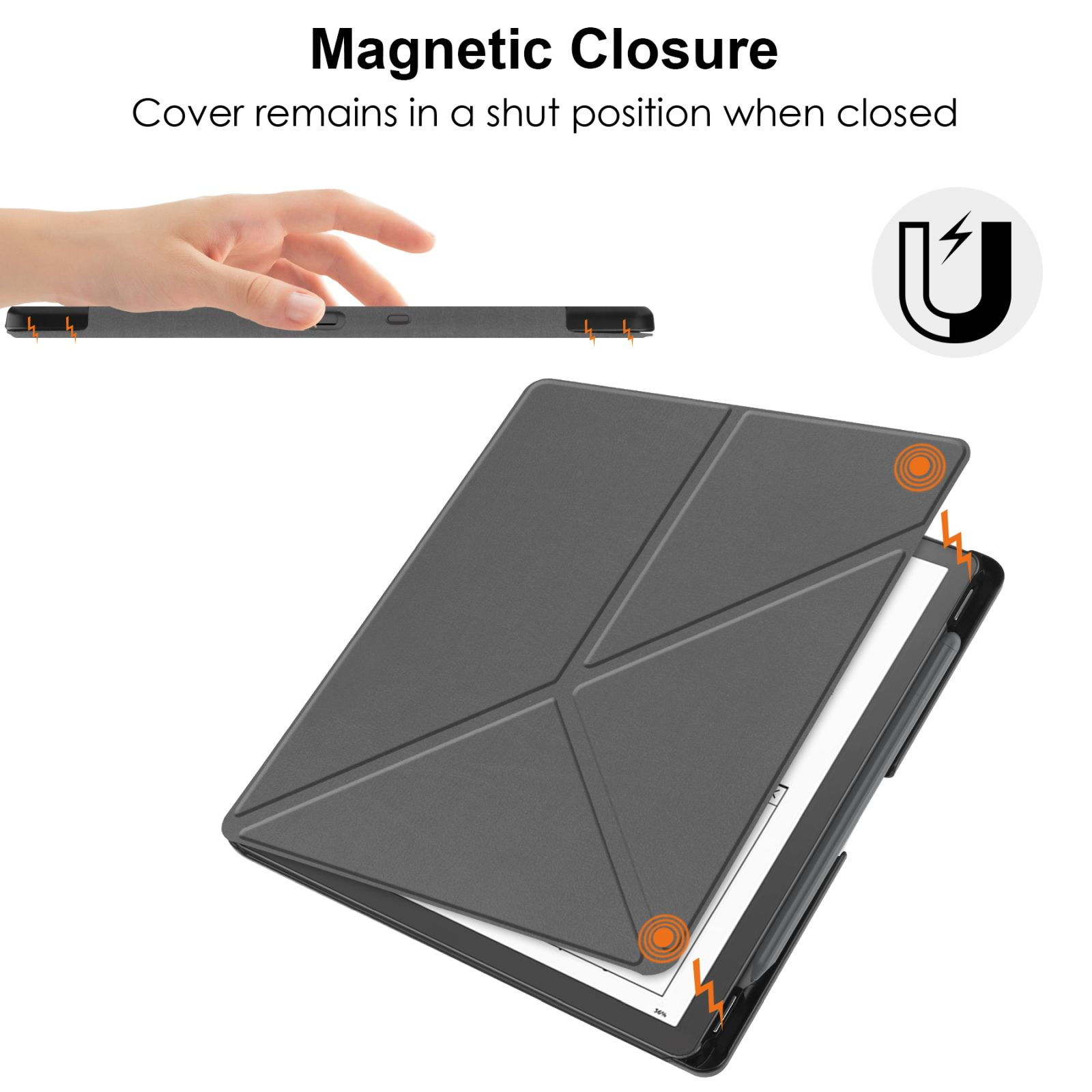 Eine Tablet-Hülle mit Magnetverschluss, eine Hand öffnet sie, mit einem geöffneten Tablet im Inneren.