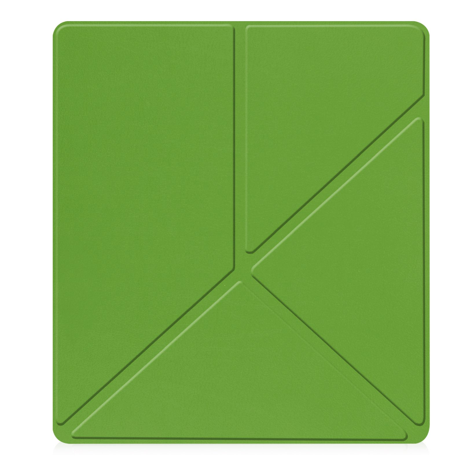 Grüne Tablethülle. Die Hülle ist gefaltet. Die Oberfläche hat diagonale Linien.