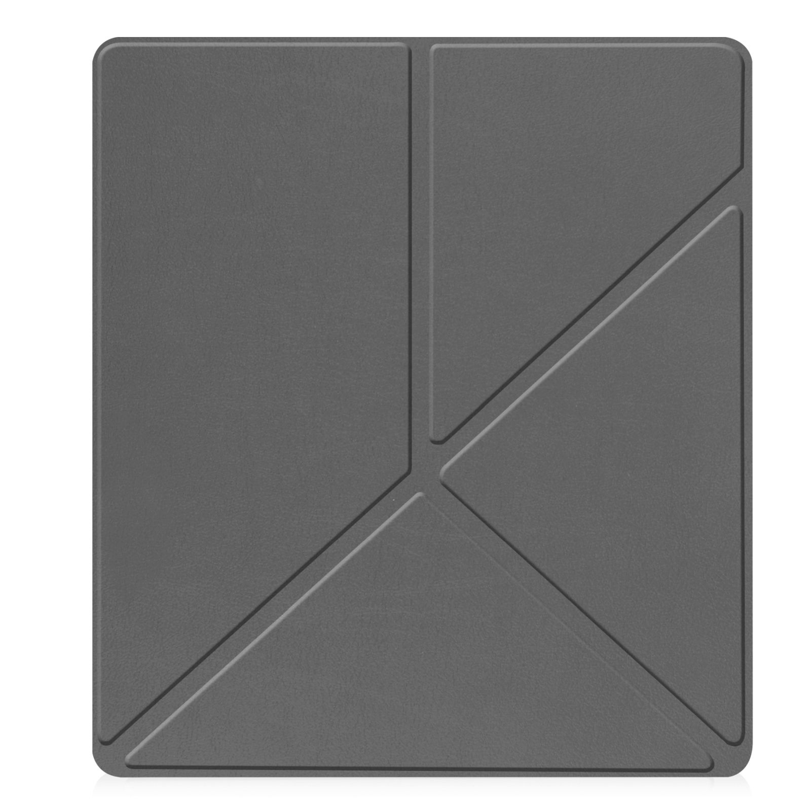 Graue Hülle für ein Tablet, gefaltet mit geometrischen Linien. Die Hülle liegt auf weißem Untergrund.