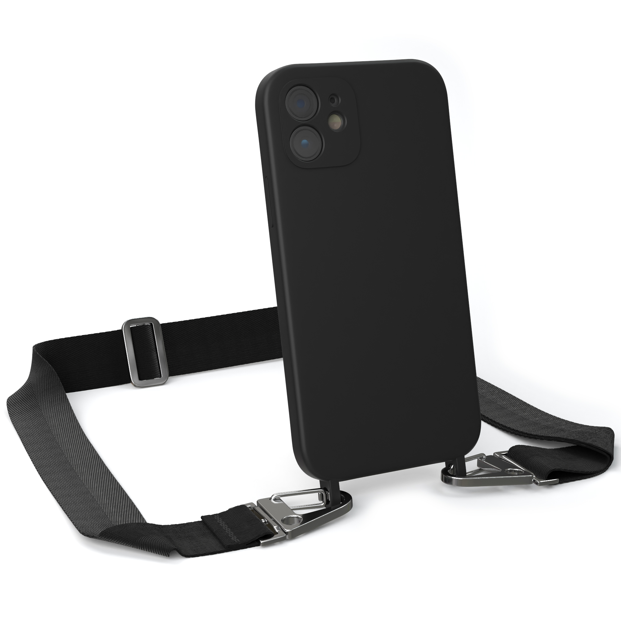 Eine schwarze Handyhülle mit schwarzem Riemen mit Metallverschlüssen. Das Telefon ist auf weißem Grund.