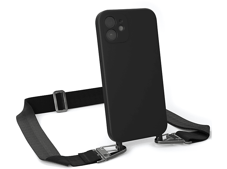 EAZY CASE Handy Kette Silikon Schwarz iPhone Silber Hülle, Karabiner Apple, / Breit Premium / Pro, Umhängetasche, mit 12 12