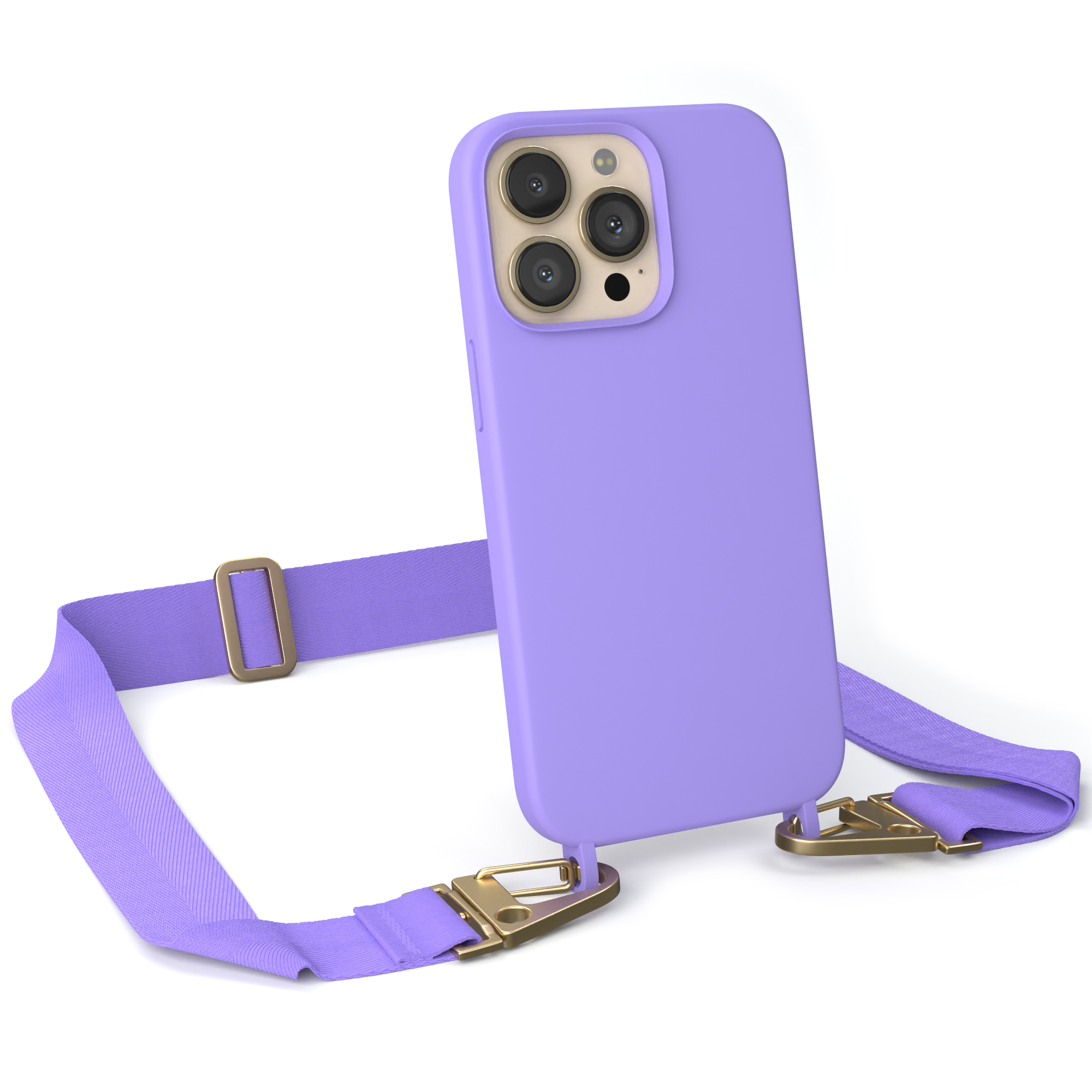 Eine lila Handyhülle mit Riemen, befestigt mit goldfarbener Hardware, auf weißem Hintergrund.