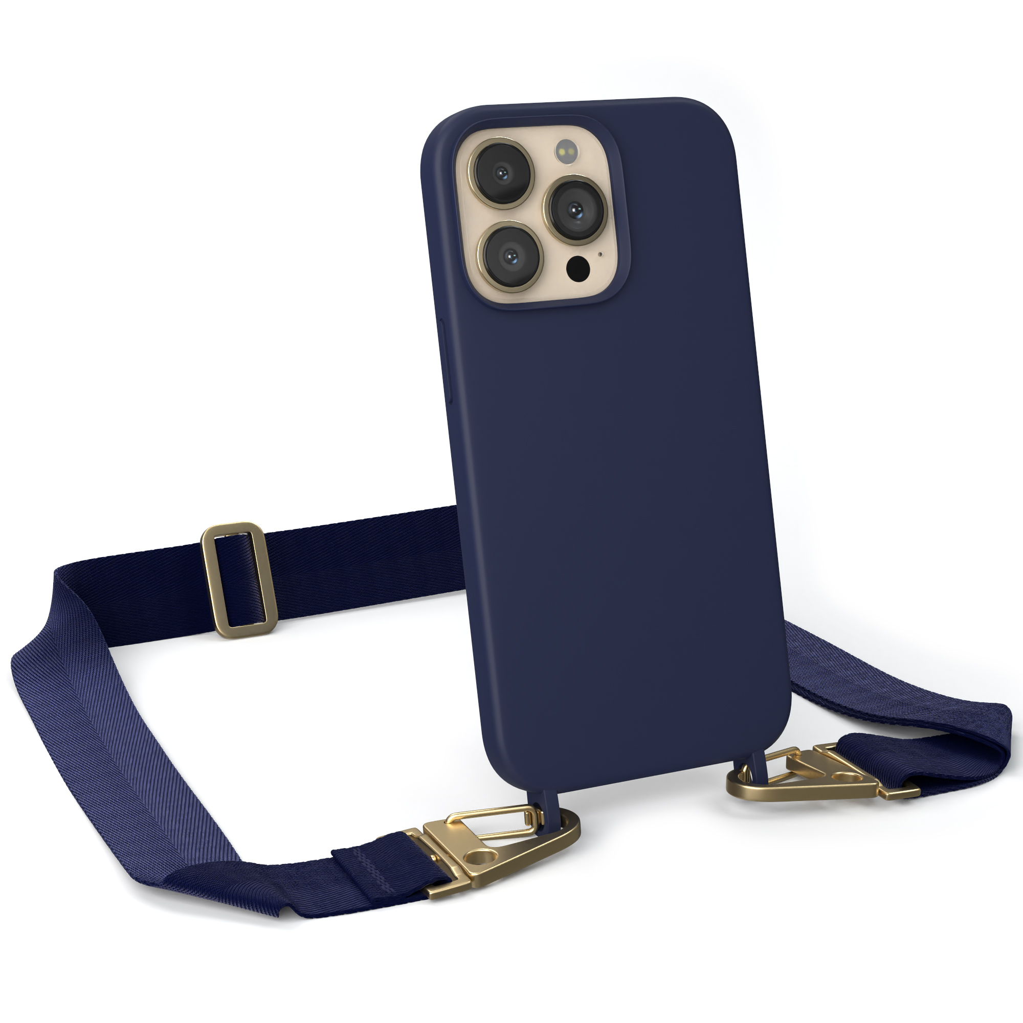 EAZY CASE iPhone 13 Pro, Kette Dunkel Premium mit Silikon Karabiner Umhängetasche, Apple, Breit Hülle, Gold Blau / Handy