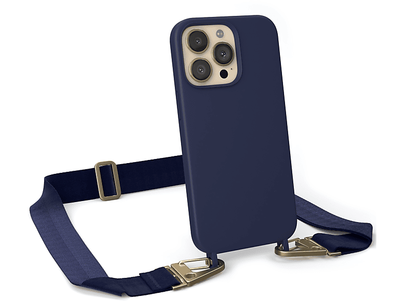 EAZY CASE Handy Kette Breit mit Karabiner Premium Silikon Hülle, Umhängetasche, Apple, iPhone 13 Pro, Dunkel Blau / Gold