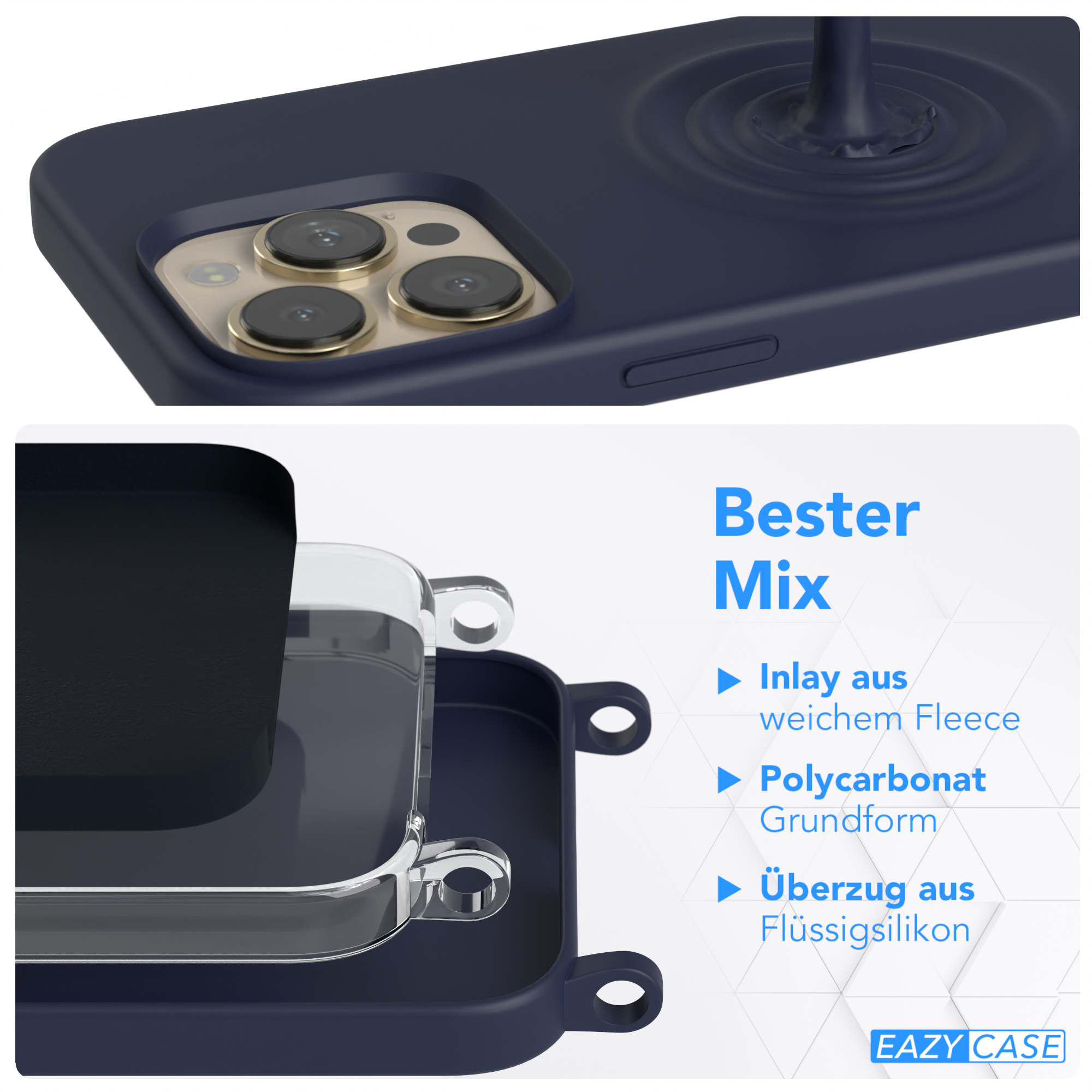 EAZY CASE iPhone 13 Pro, Kette Dunkel Premium mit Silikon Karabiner Umhängetasche, Apple, Breit Hülle, Gold Blau / Handy