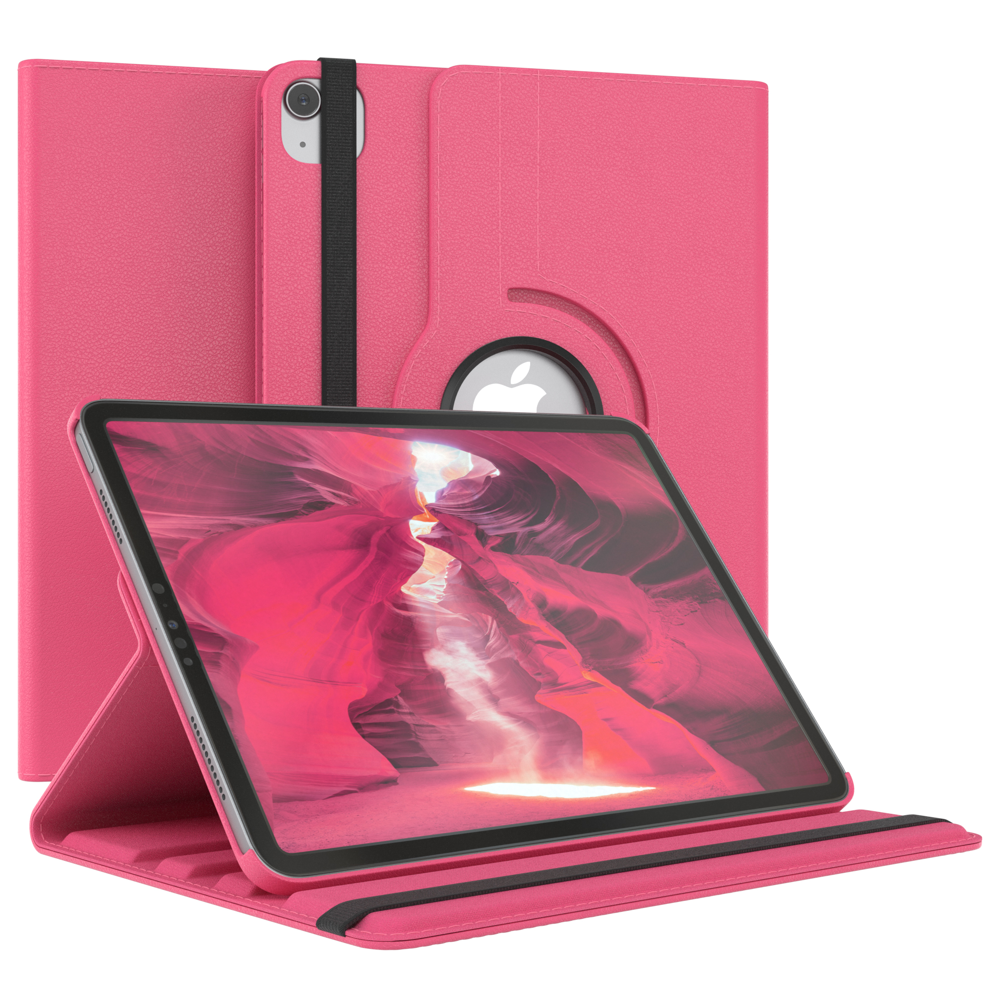 Rosa Tablet-Hülle mit Tablet und schwarzem Riemen. Der Hintergrund ist weiß.