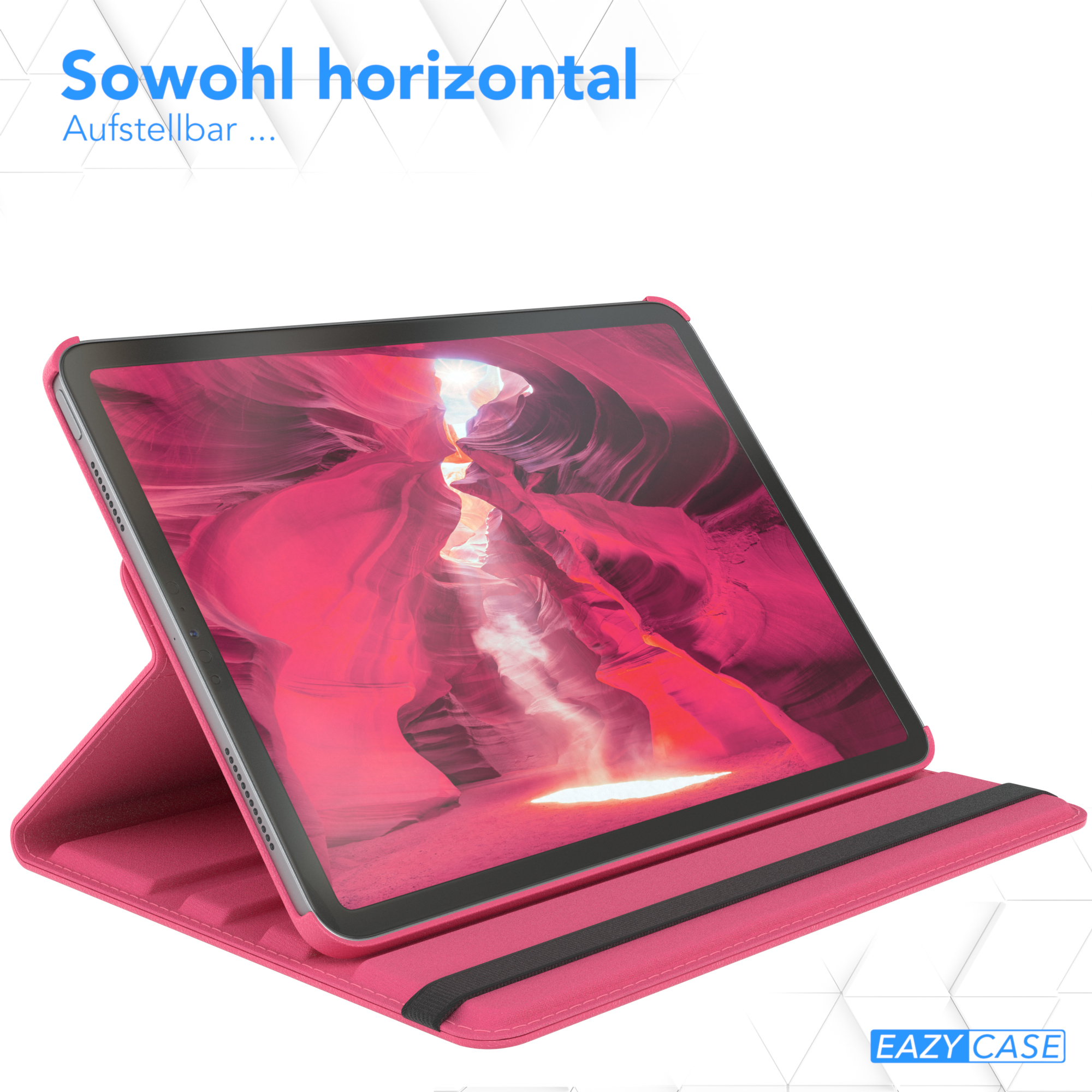 Rosa Tablethülle mit Tablet, aufgeklappt. Text oben: Sowohl horizontal.