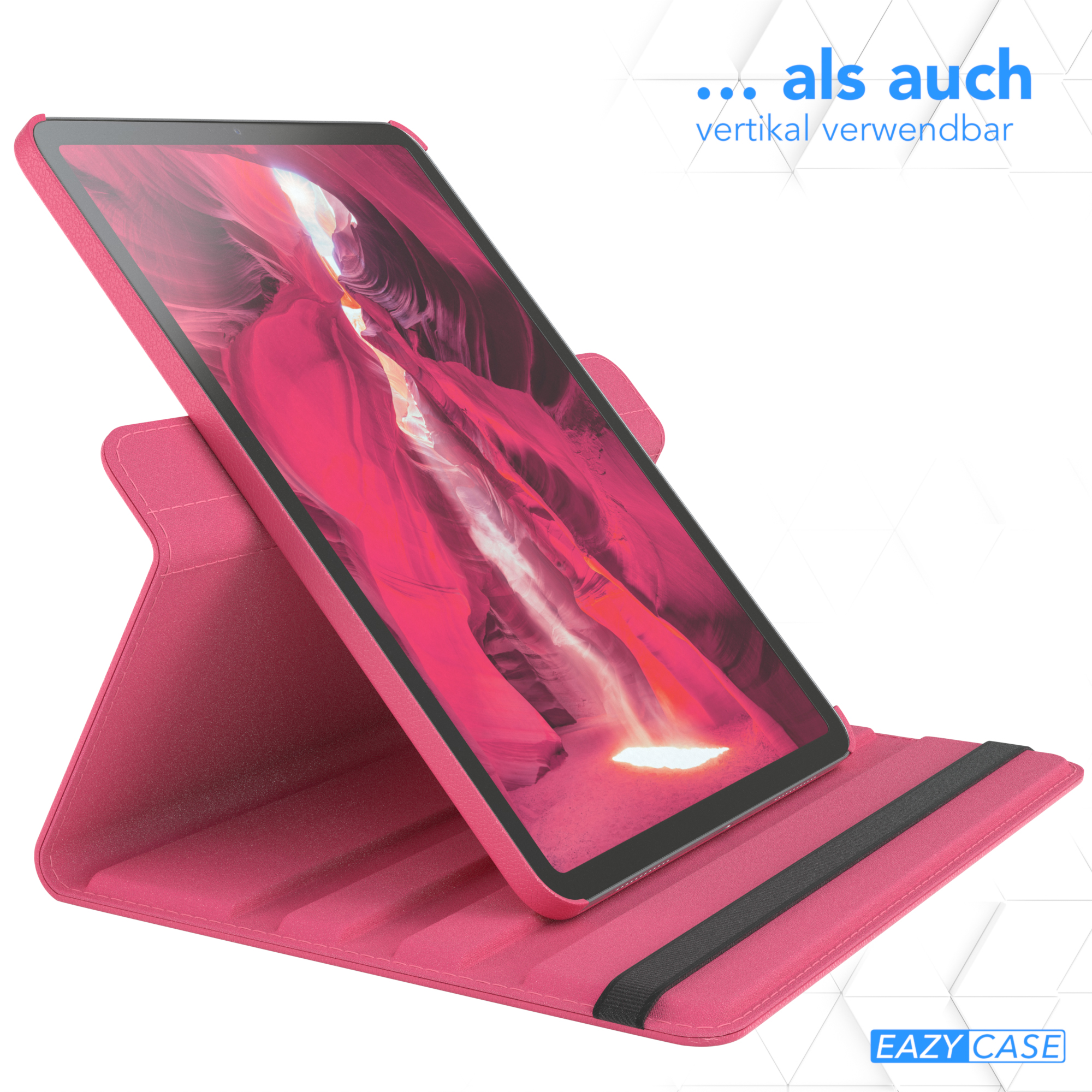 Eine rosa Tablet-Hülle mit einem Tablet darin. Die Hülle ist offen und das Tablet ist angewinkelt.