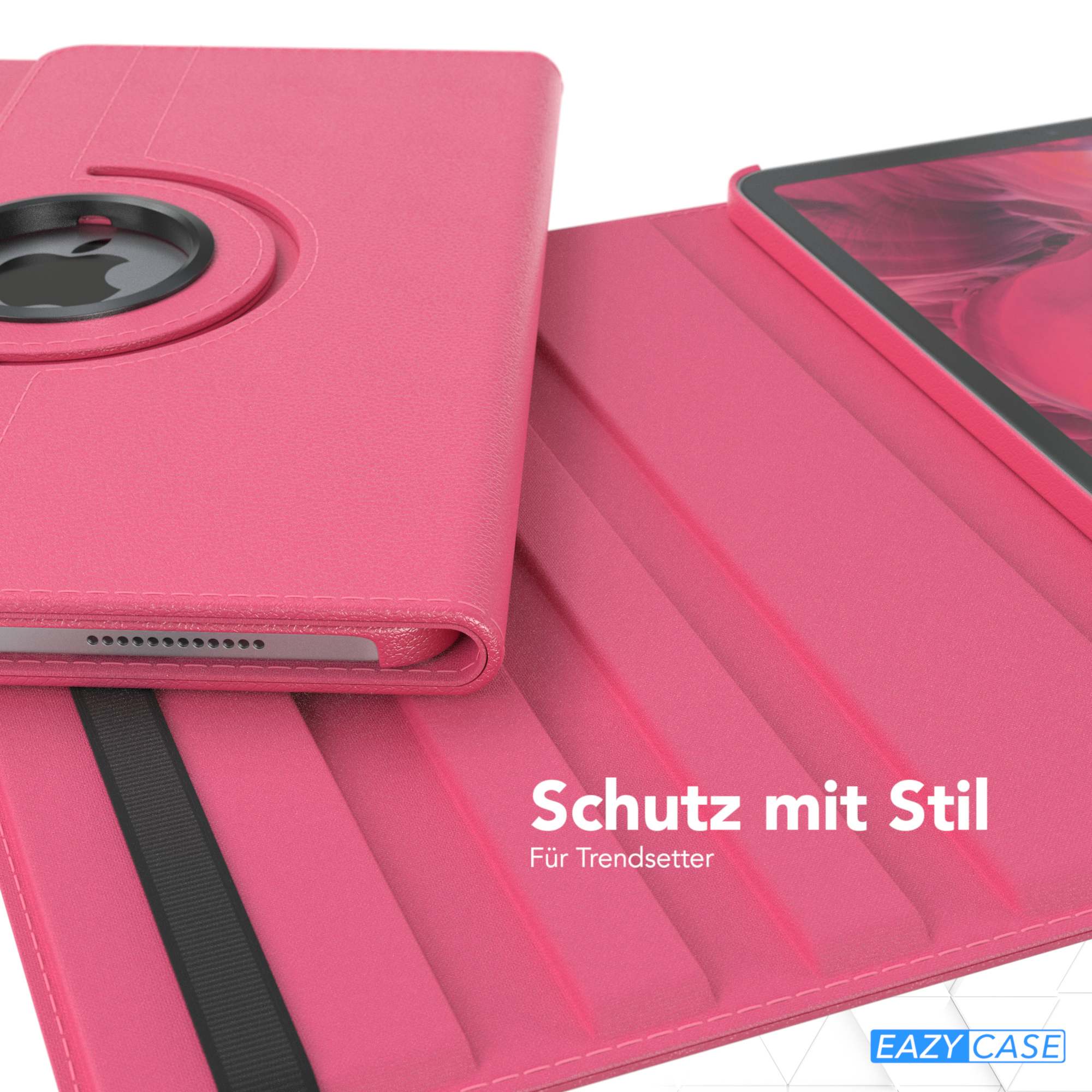Rosa Tablethülle mit Tablet darin. Die Hülle ist geschlossen und hat einen Riemen.