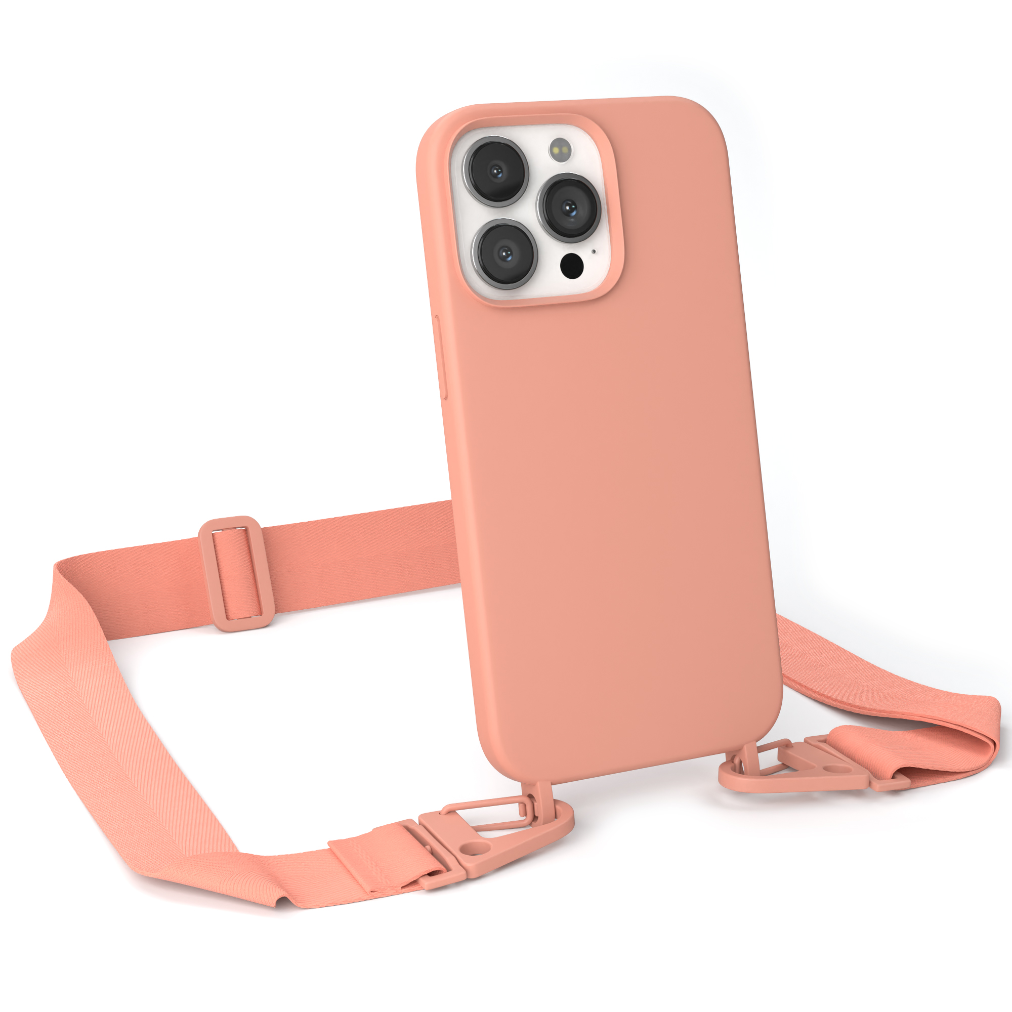Ein korallenfarbenes Telefoncase mit einem korallenfarbenen Riemen am Telefon.