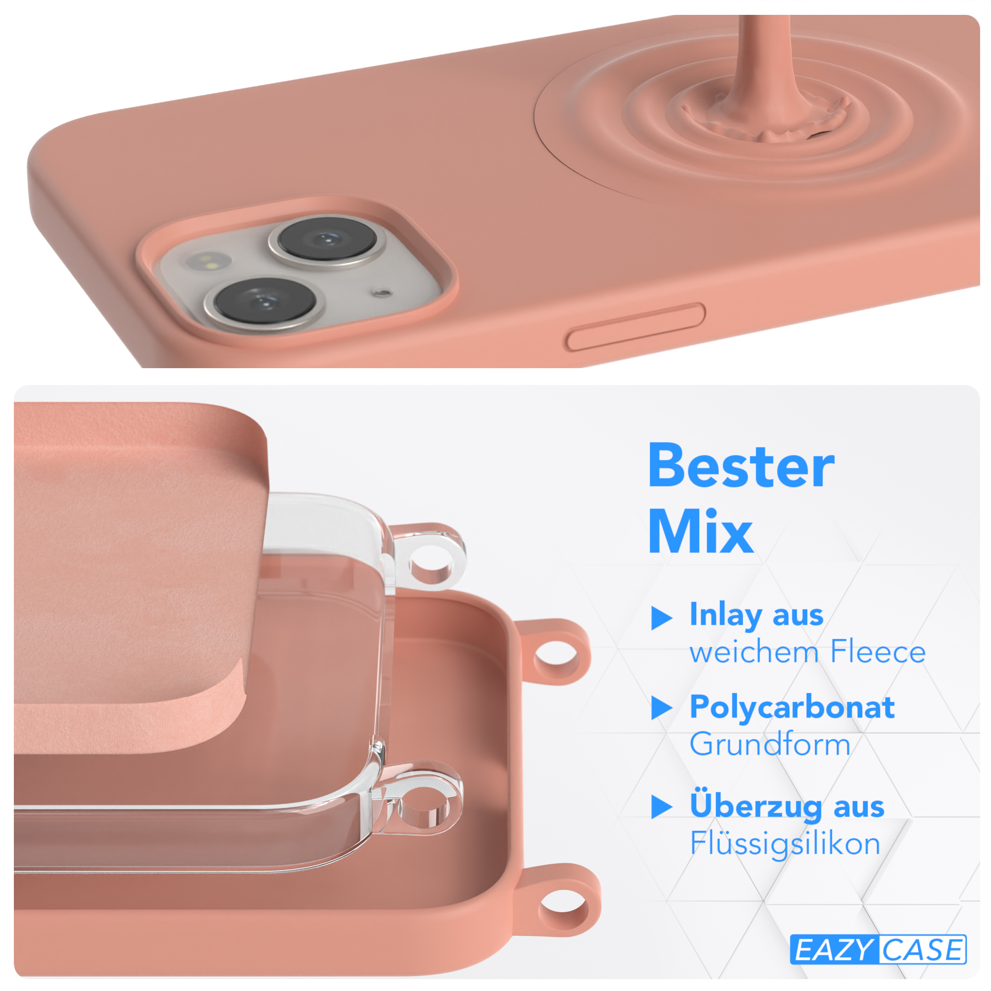 EAZY CASE Handy Kette Breit Altrosa Silikon Umhängetasche, mit Premium Apple, 13, Karabiner / Coral Hülle, iPhone