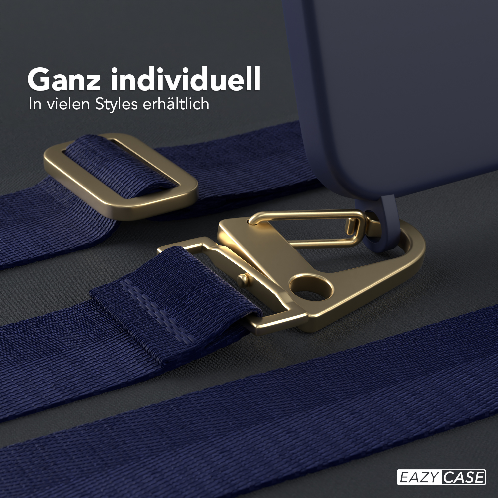 Nahaufnahme blauer Handyschlaufe mit goldenem Verschluss. Text: Ganz individuell In vielen Styles erhältlich. EAZY CASE Label.