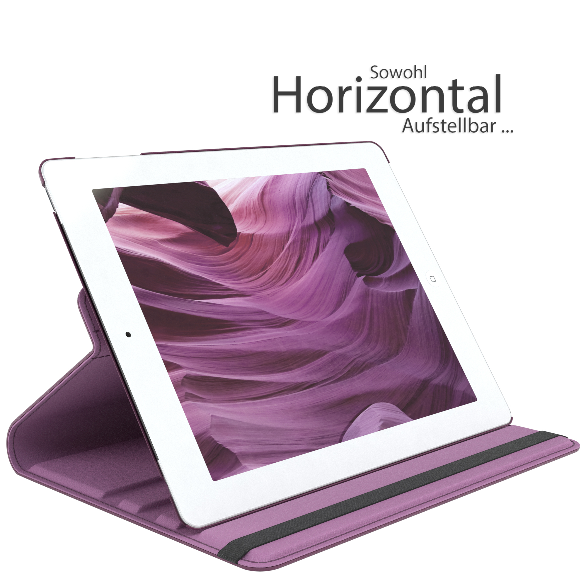 Lila Tablet in einer Hülle. Der Bildschirm zeigt ein Bild von lila Canyonwänden. Schwarzer Riemen.