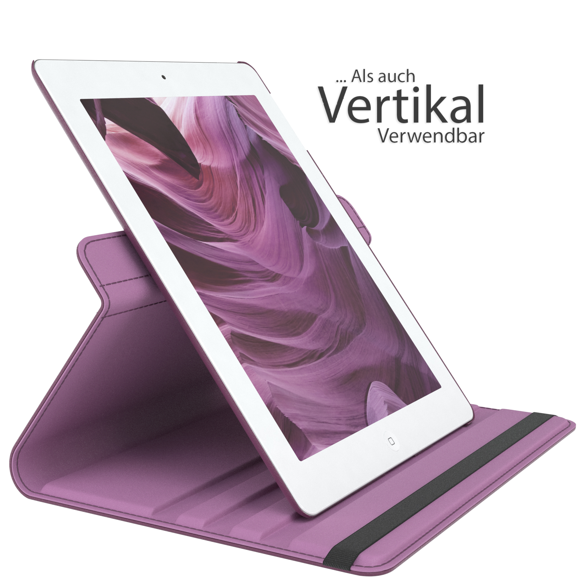Tablet in lila Standhülle. Text oben: 'Vertikal'. Tablet steht senkrecht. Hülle ist lila.