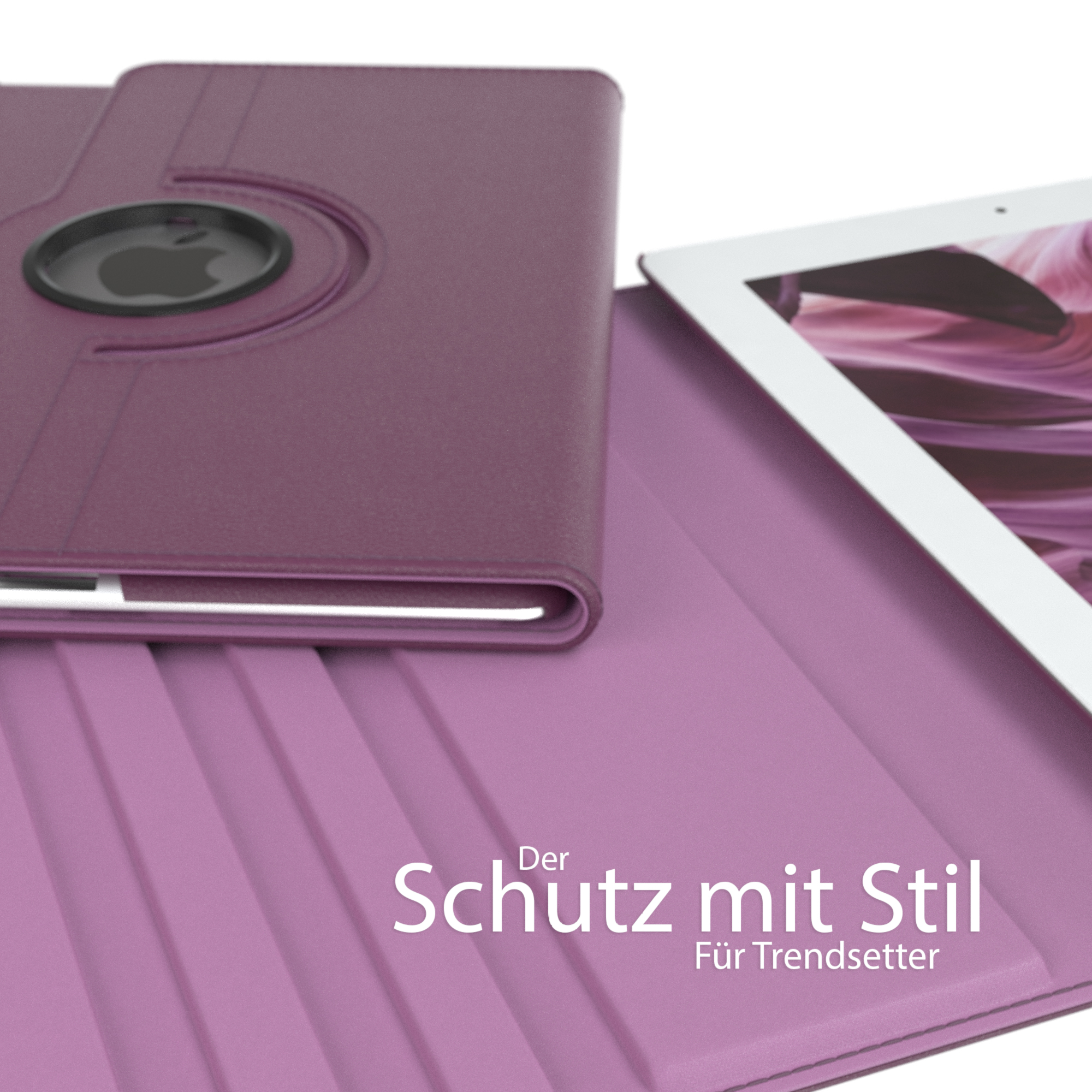 Lila Tablet-Hülle mit schwarzem Logo und Tablet innen.