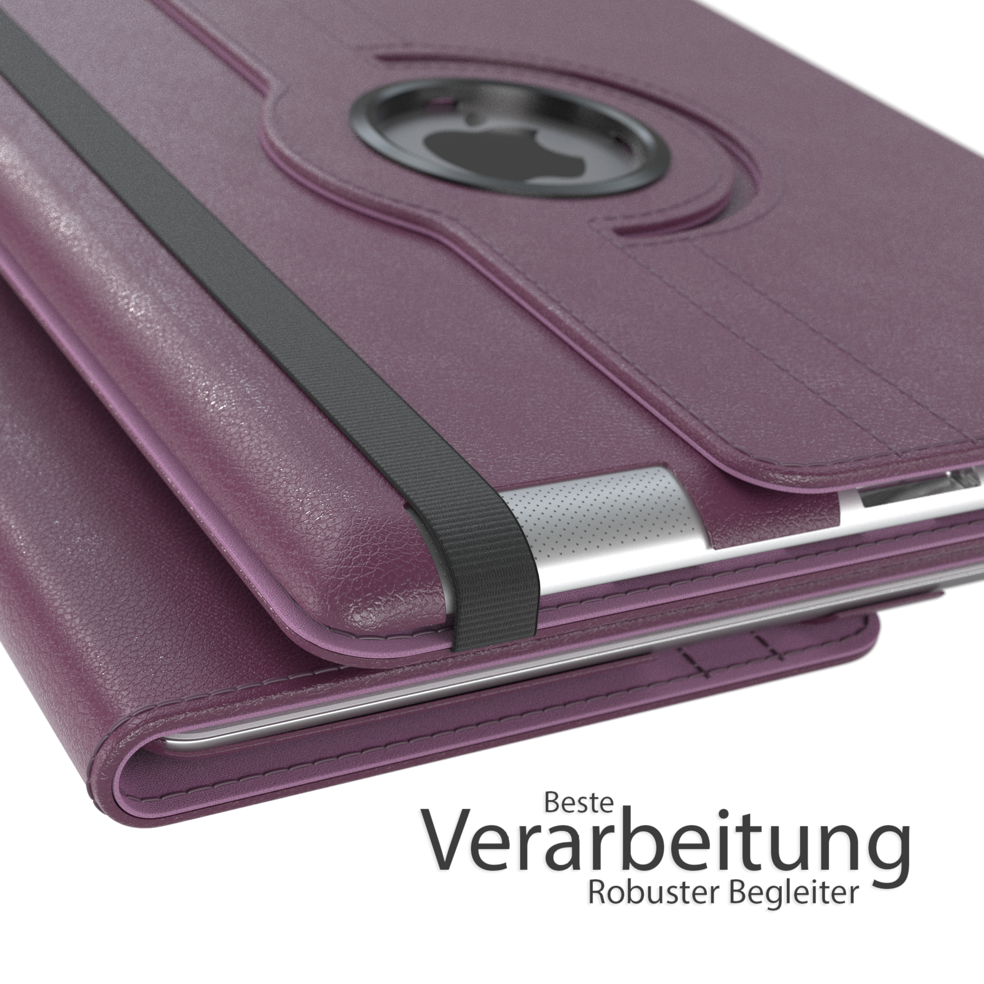 Lila Tablethülle. Das Case ist geschlossen, mit einem schwarzen Riemen. Der Text lautet 'Beste Verarbeitung'.