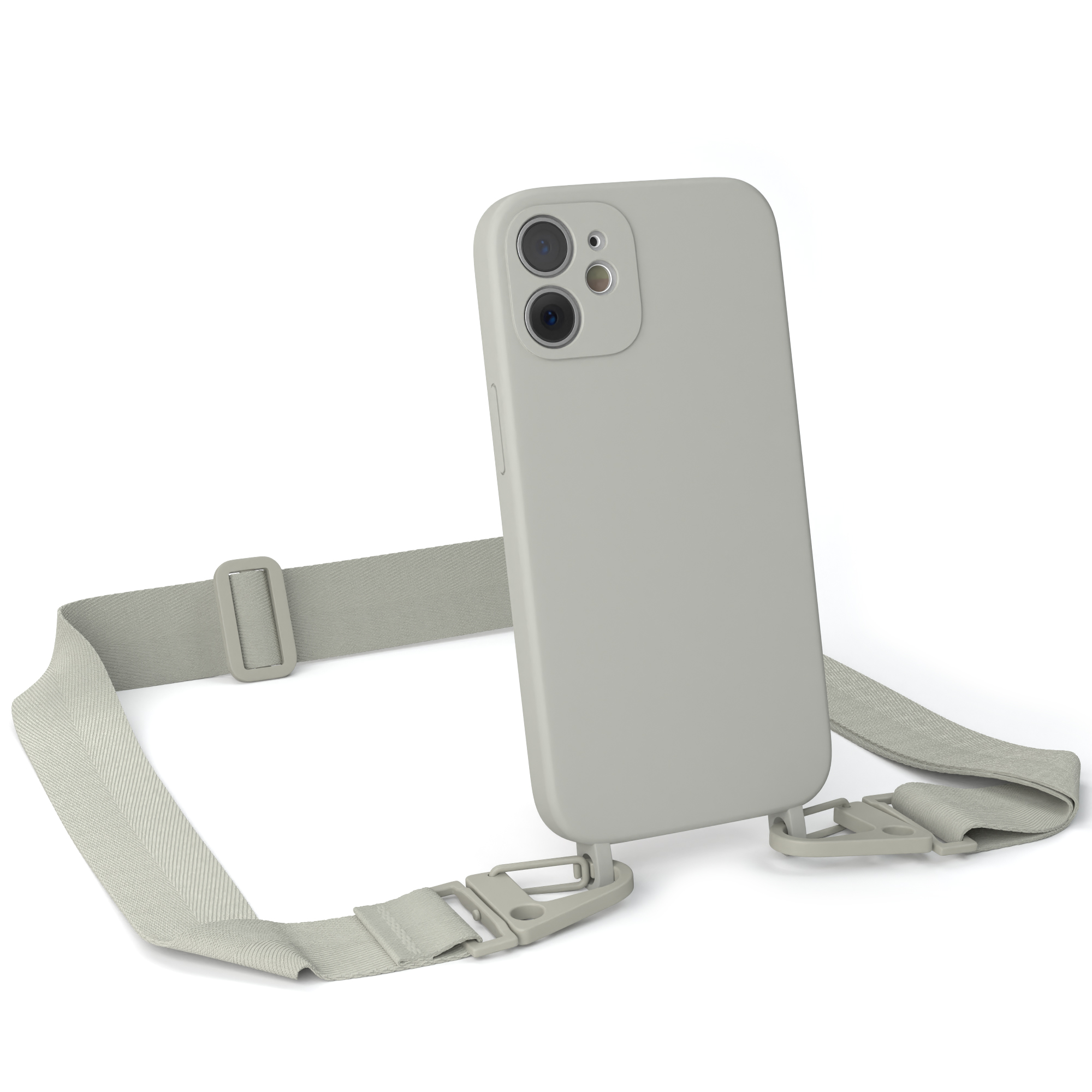 Ein Telefon mit grauem Gehäuse und einem Riemen. Das Telefon liegt auf einer weißen Oberfläche.