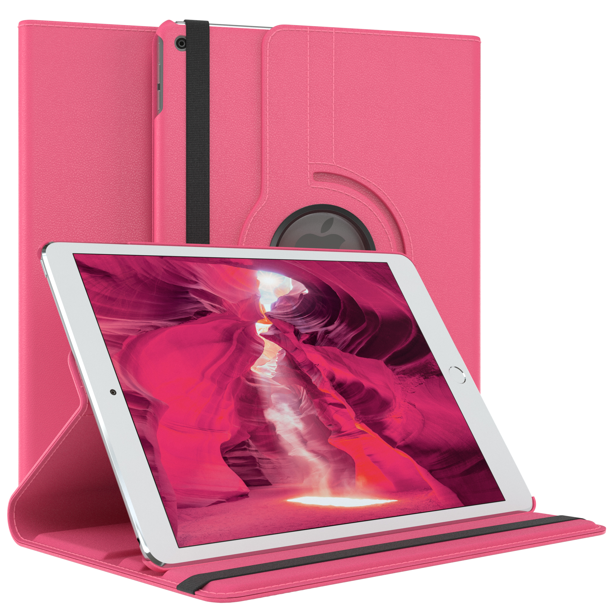 Rosa Tablethülle mit einem Tablet, das ein Canyonbild zeigt.