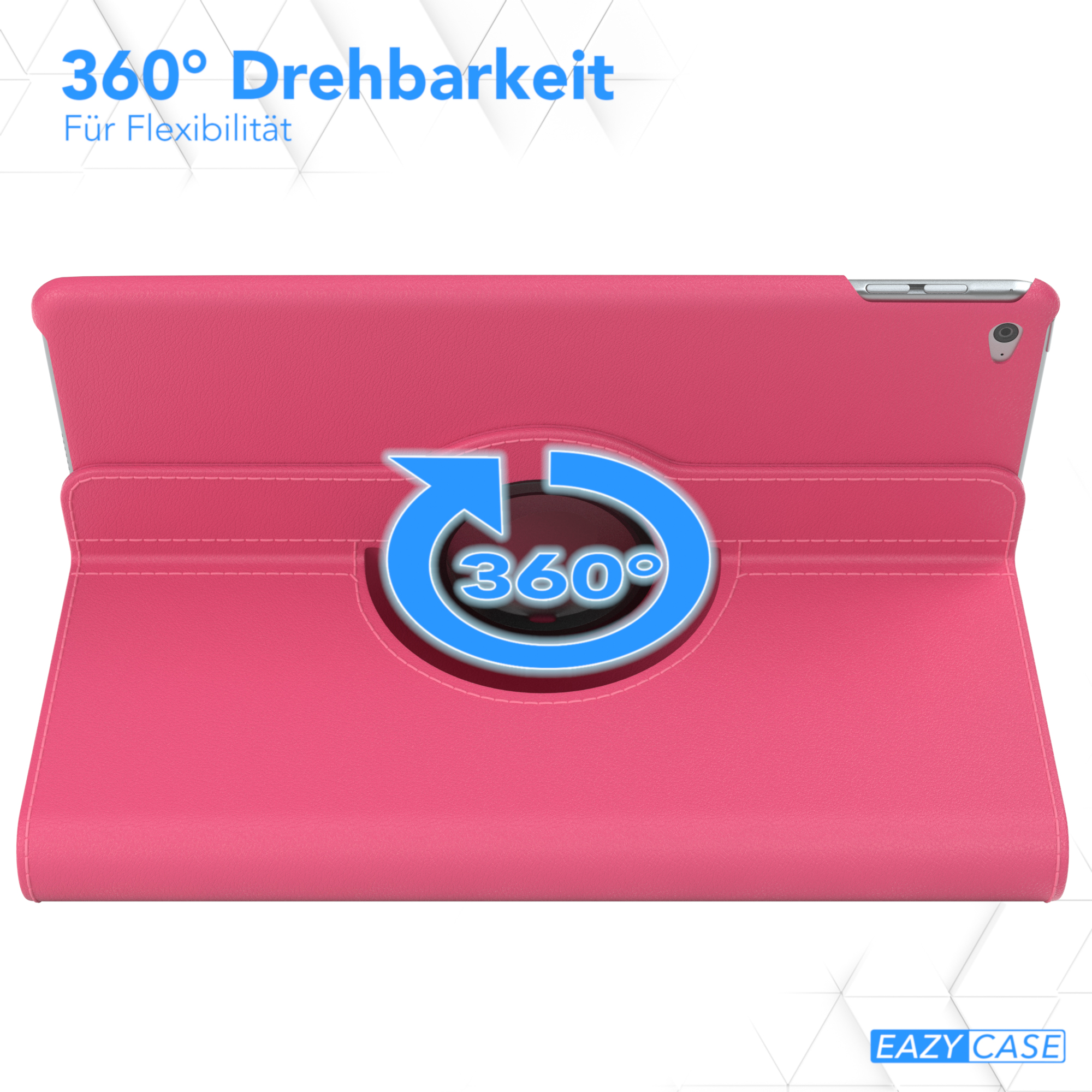 Rosa Tablethülle mit Drehfunktion. Die Hülle ist offen, mit einem Tablet darin.