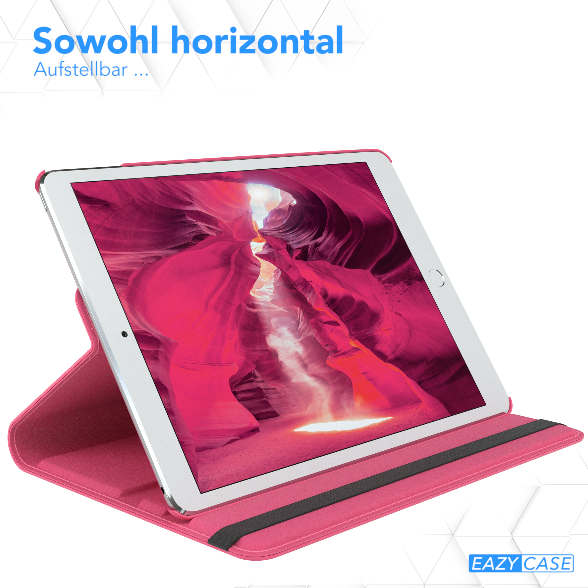 Rosa Tablet in einem Gehäuse, vor rosa Hintergrund. Der Text lautet "Sowohl horizontal" und "Aufstellbar".