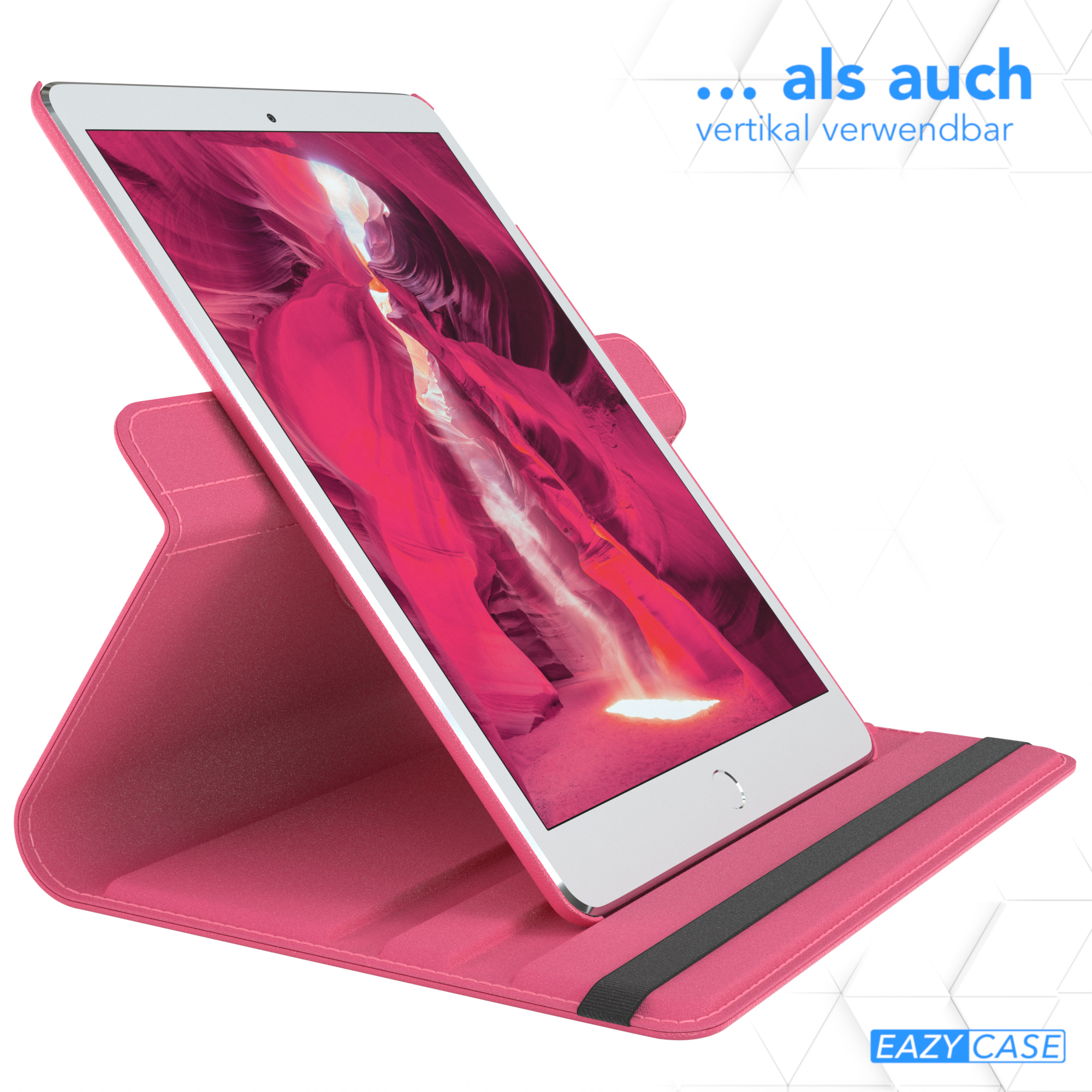 Ein pinkes Tablet in einer pinken Hülle, mit einem schwarzen Streifen am Rand.