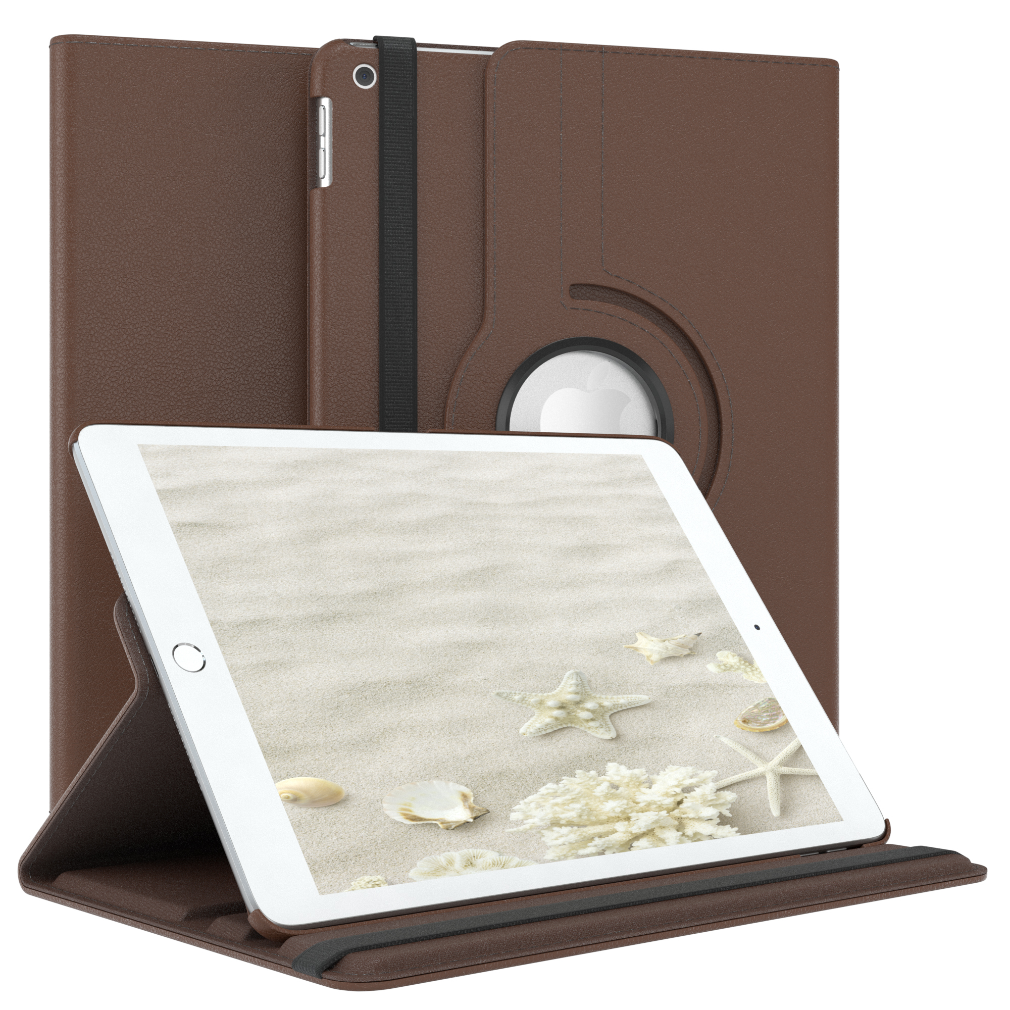 Ein braunes Tablet in einem Case, mit einer Strandszene auf dem Bildschirm. Ein Stift ist auch befestigt.