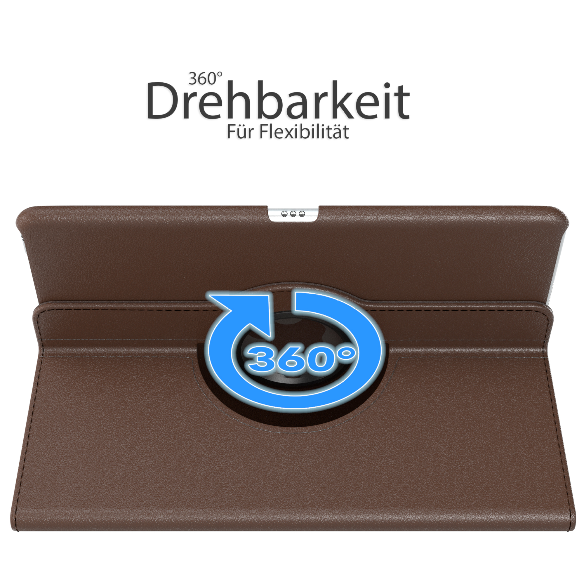 Eine braune Tablet-Hülle mit 360-Grad-Drehfunktion mit blauen Pfeilen.
