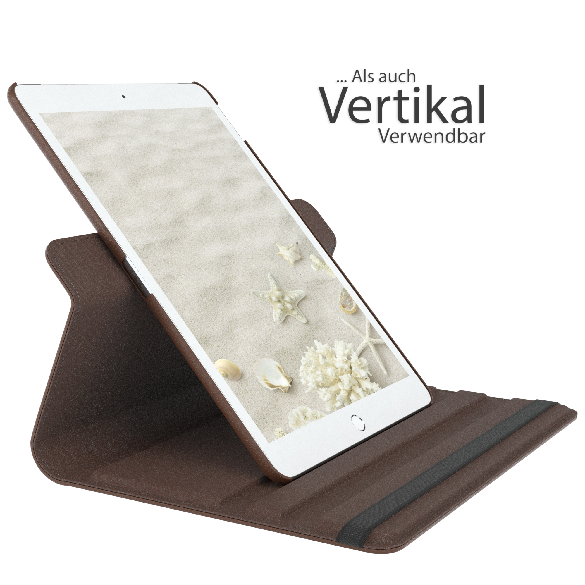 Tablet in brauner Hülle, aufrecht stehend. Der Bildschirm zeigt eine Strandszene.