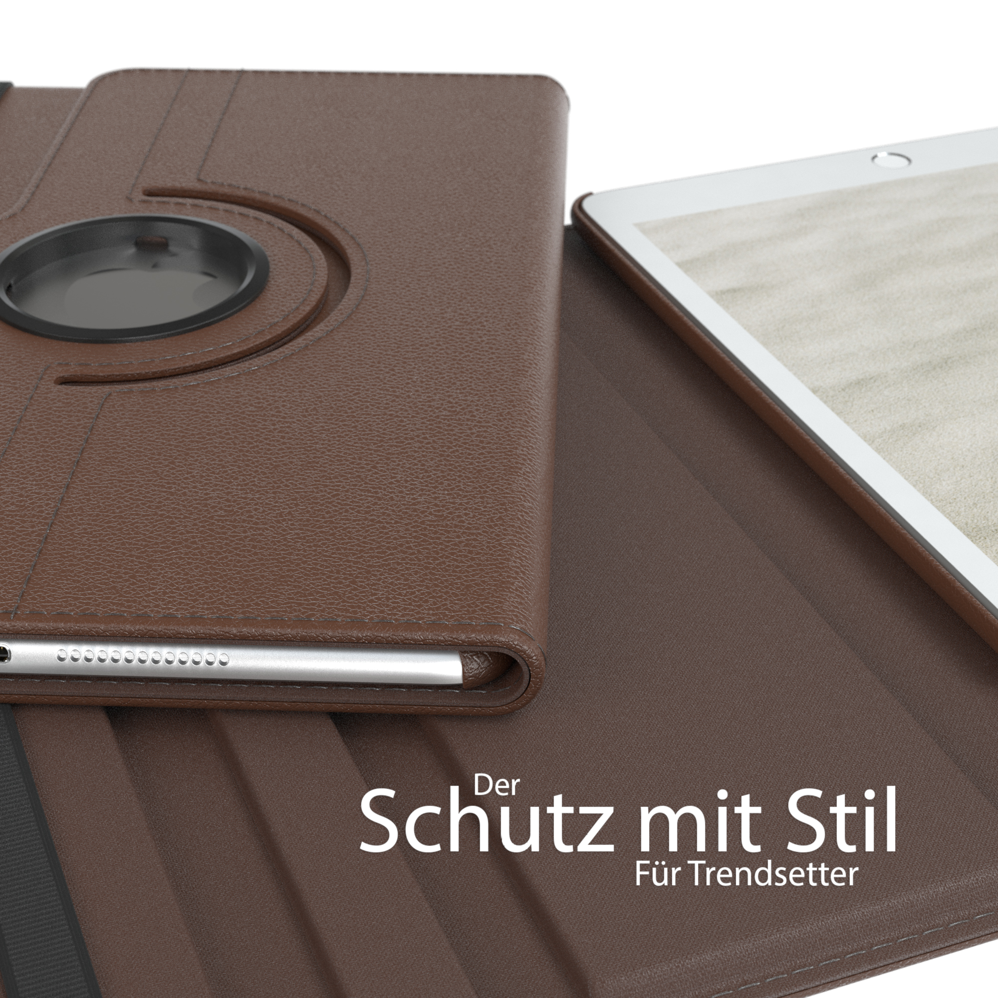 Braune Leder-Tablethülle mit schwarzem, kreisförmigem Scharnierdetail.
