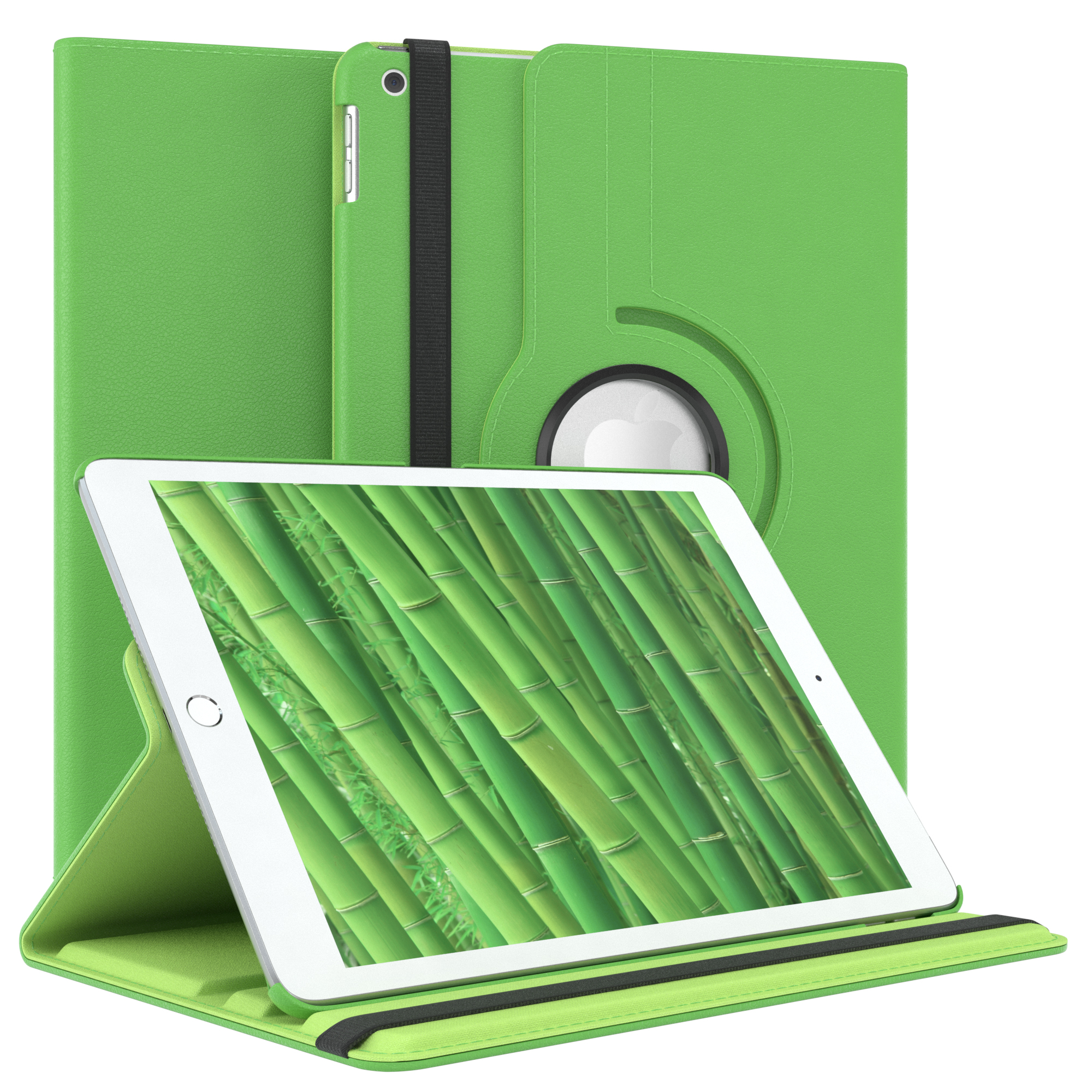 Grüne Tablet-Hülle mit Tablet, das Bambus zeigt. Eine andere Hülle dahinter.