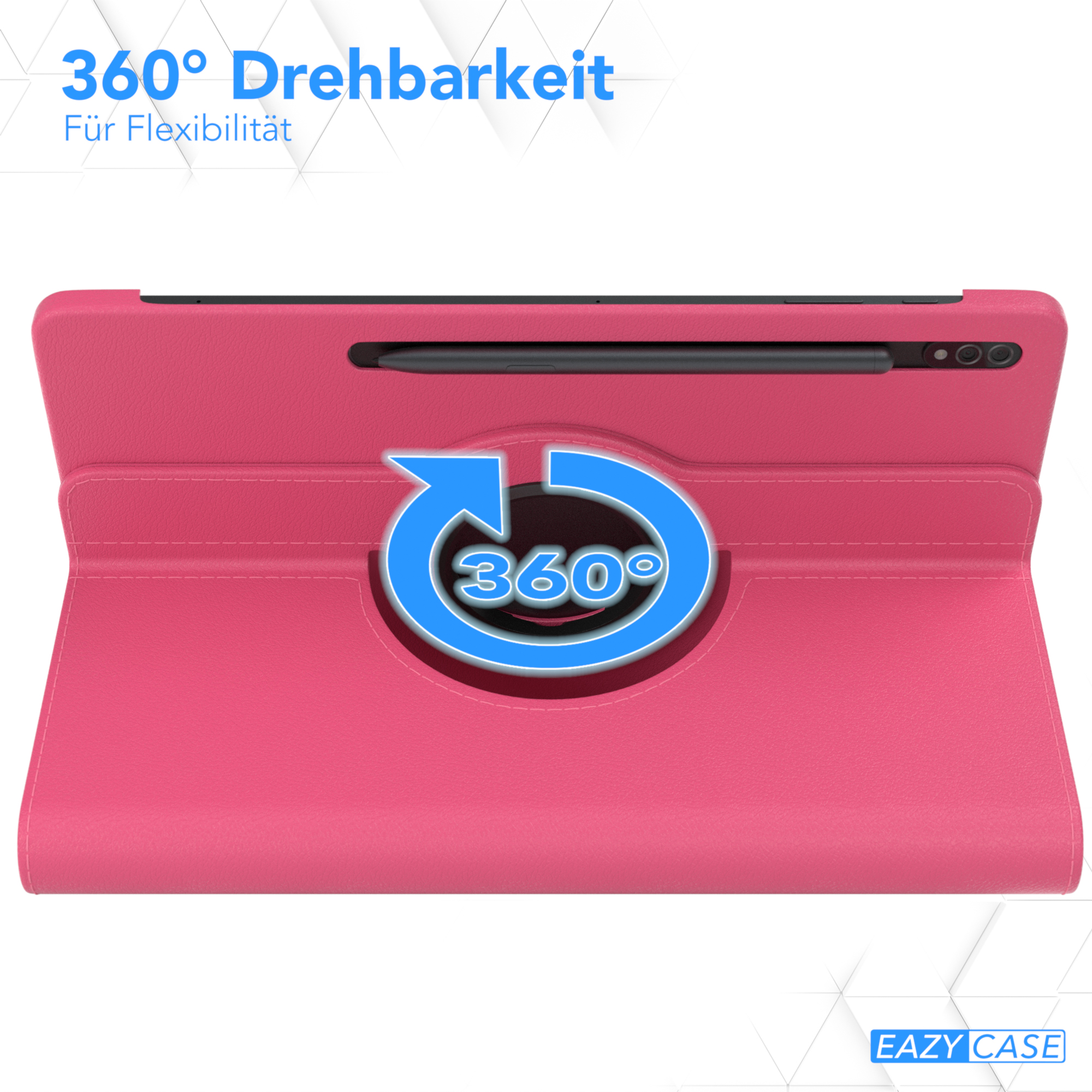 Eine rosa Tablethülle mit einem 360-Grad-Drehscharnier. Der Text lautet '360° Drehbarkeit'.