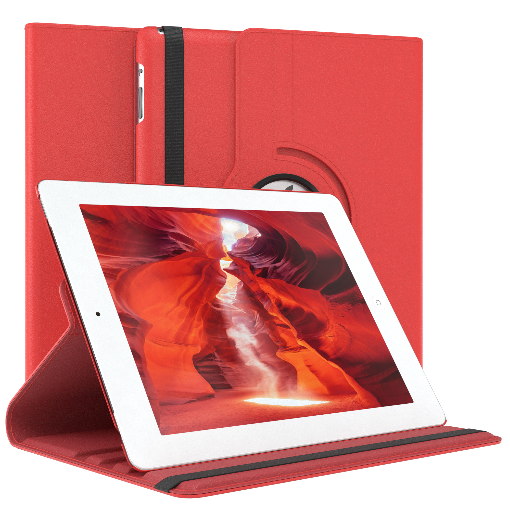 Rotes Tablet in roter Hülle. Bildschirm zeigt eine Schluchtszene. Hülle ist rot und faltbar.